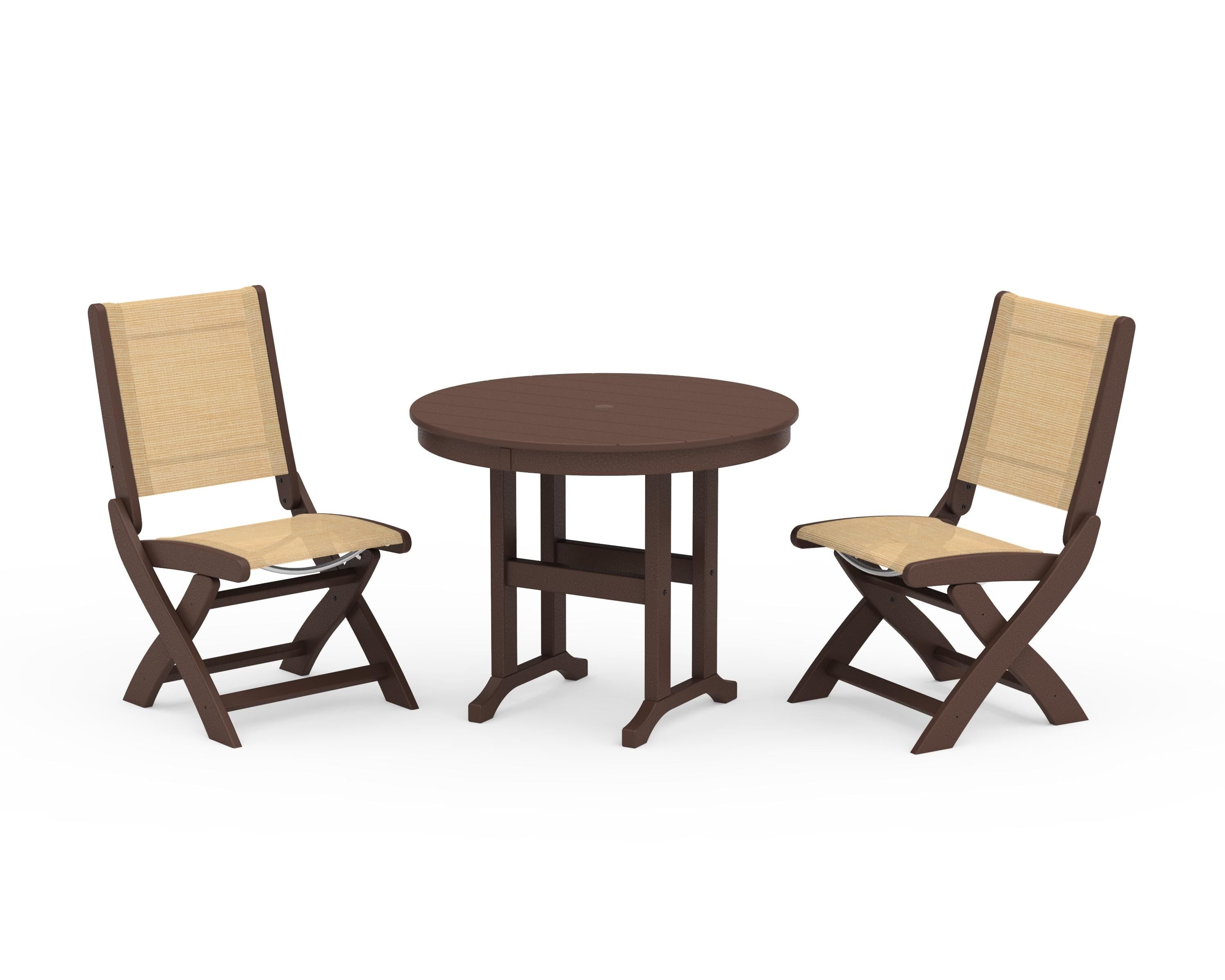POLYWOOD Coastal Folding Side Chair 3-Piece Round Dining Set in Mahogany / Dupioni Apricot Sling