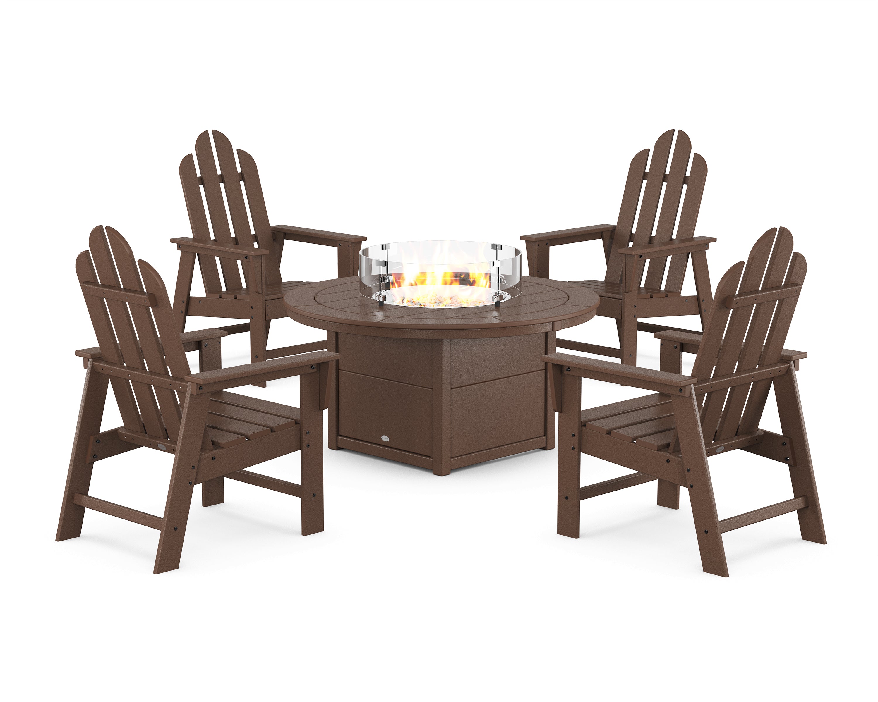 POLYWOOD Long Island 4-Piece Upright Adirondack Conversation Set with Fire Pit Table in Mahogany