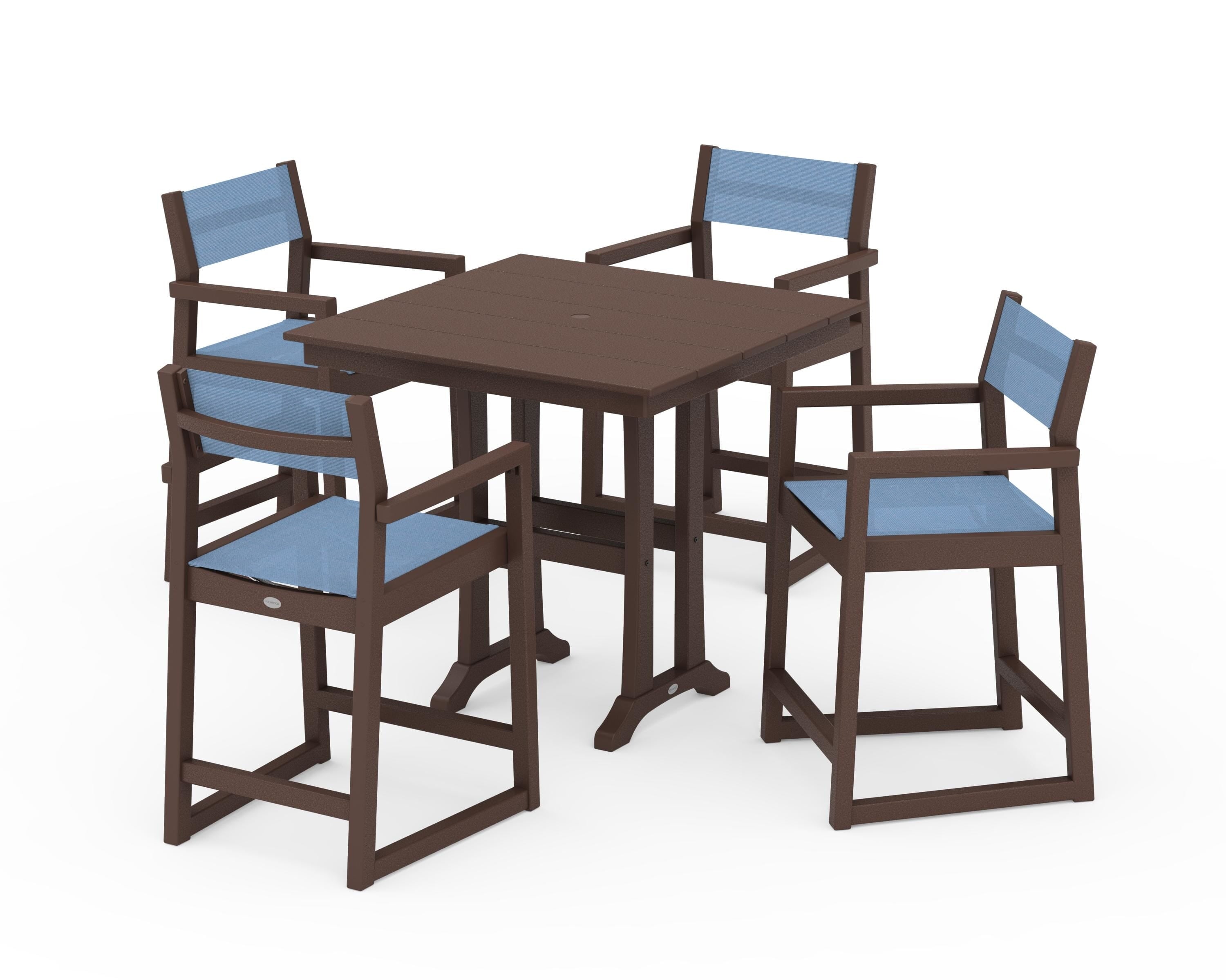 POLYWOOD EDGE Sling Arm Chair 5-Piece Farmhouse Counter Set with Trestle Legs in Mahogany / Poolside Sling