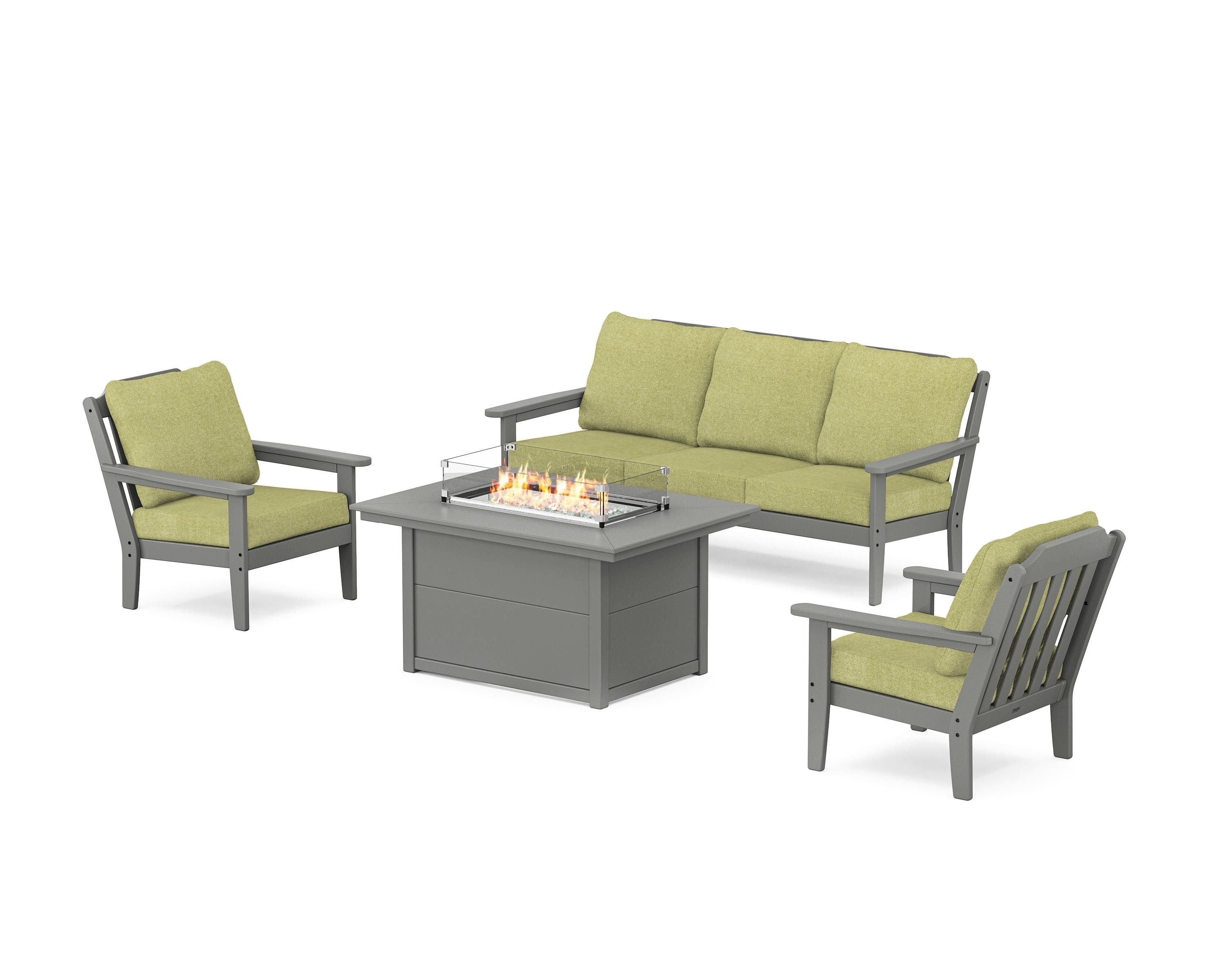 Country Living Cottage Deep Seating Fire Pit Table Set in Slate Grey / Chartreuse Boucle
