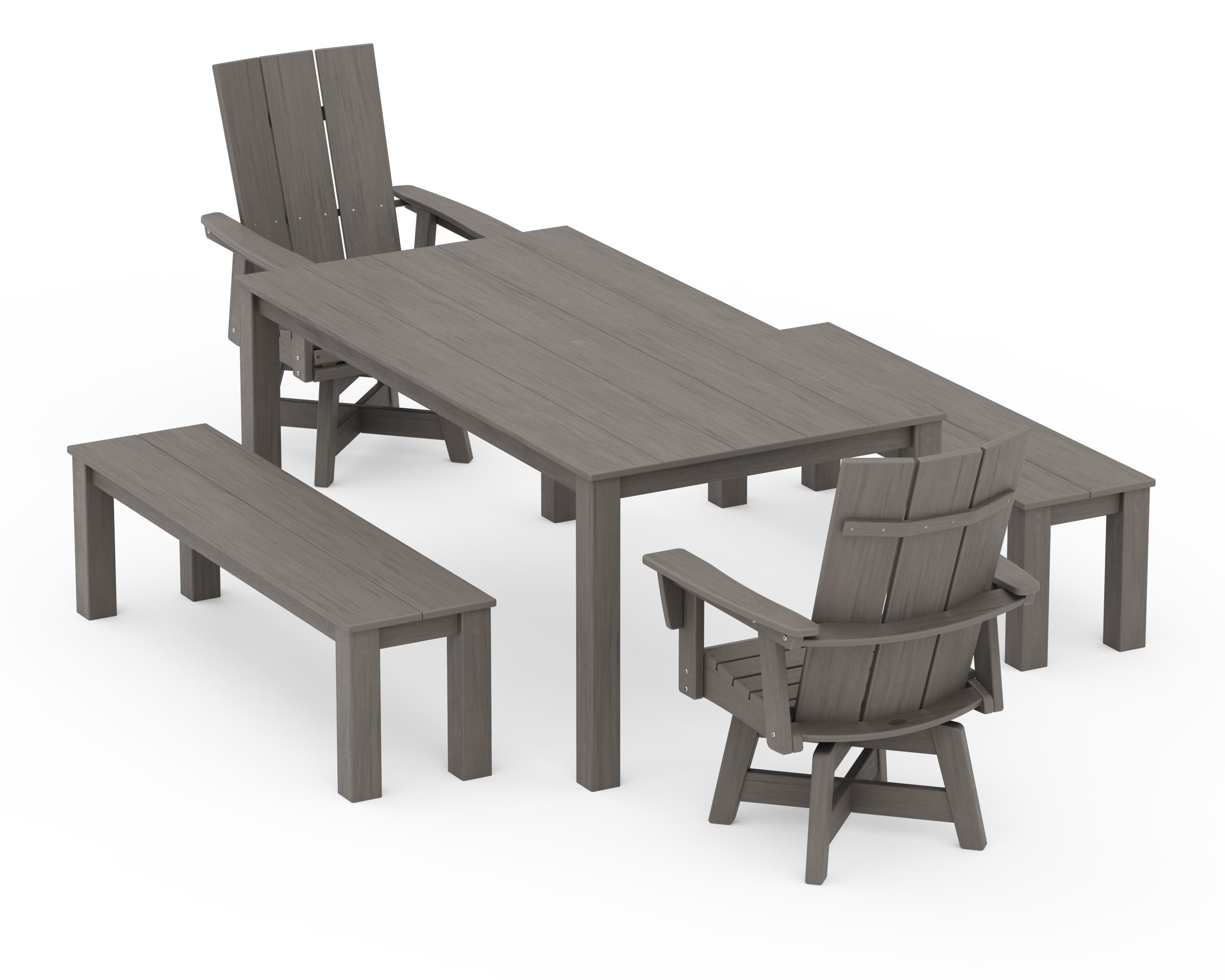 POLYWOOD Modern Curveback Adirondack 5-Piece Parsons Swivel Dining Set with Benches in Driftwood