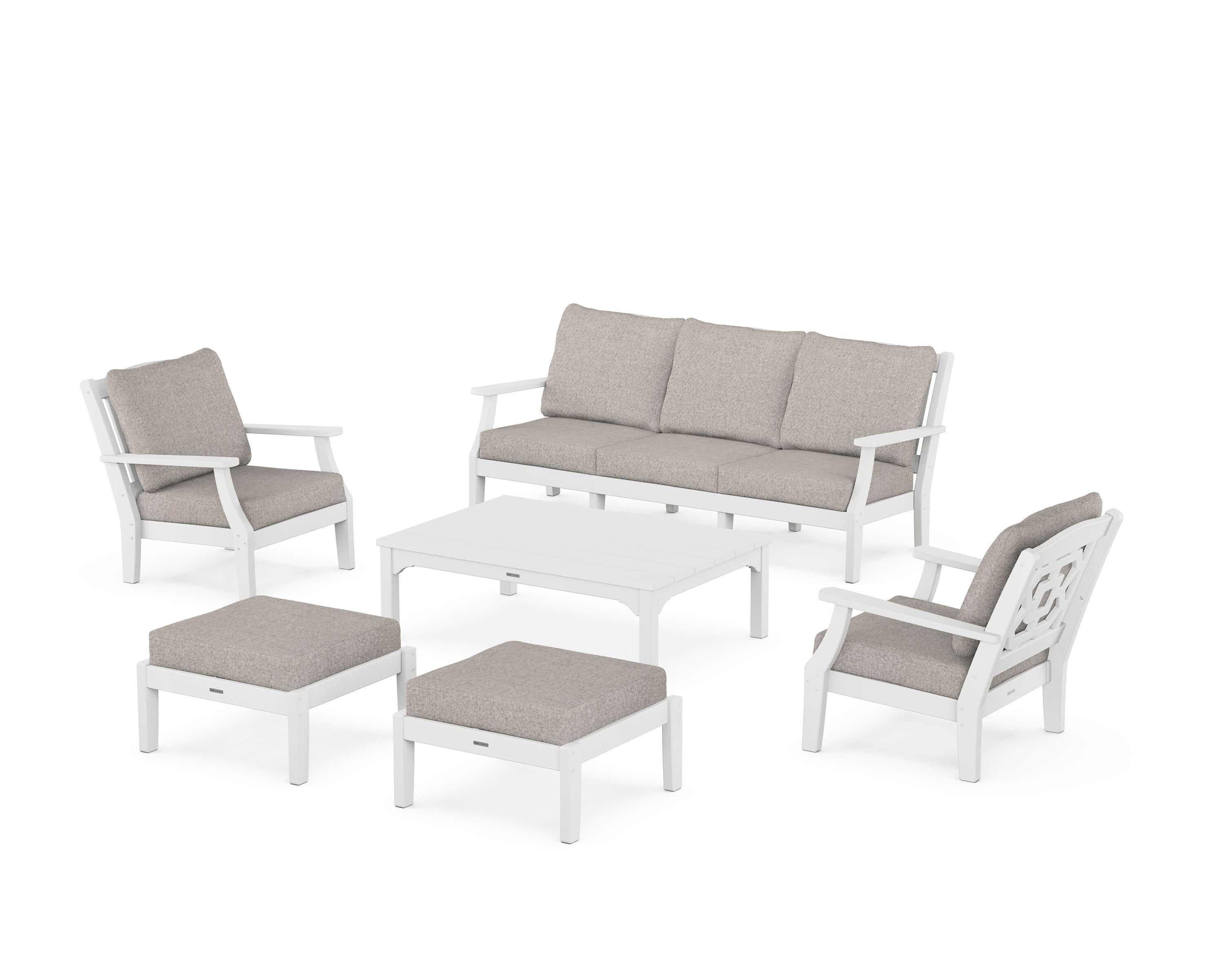 Martha Stewart by POLYWOOD Chinoiserie 6-Piece Lounge Sofa Set in White / Weathered Tweed