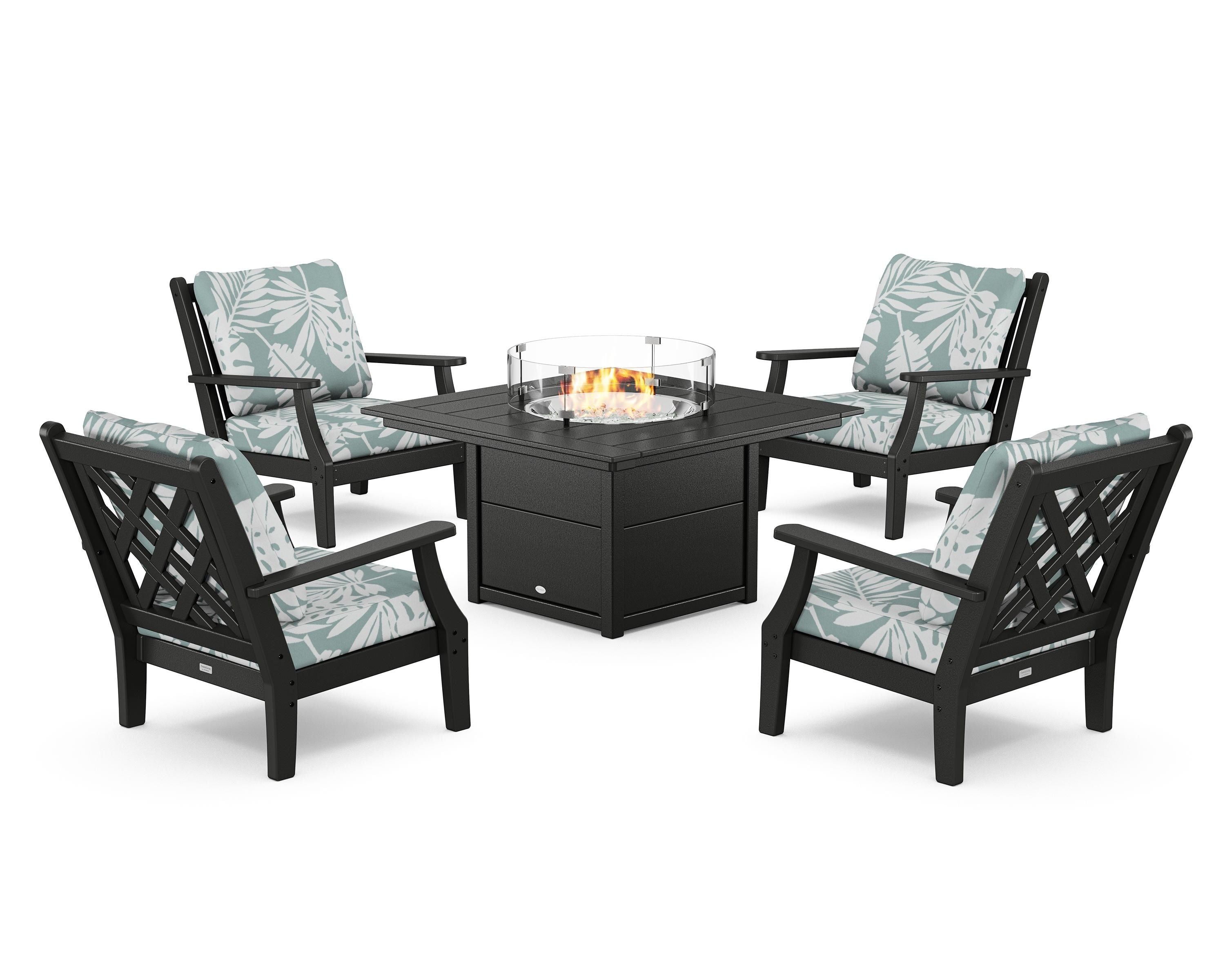 Country Living Wovendale 5-Piece Deep Seating Set with Fire Pit Table in Black / Leaf Glacier Spa