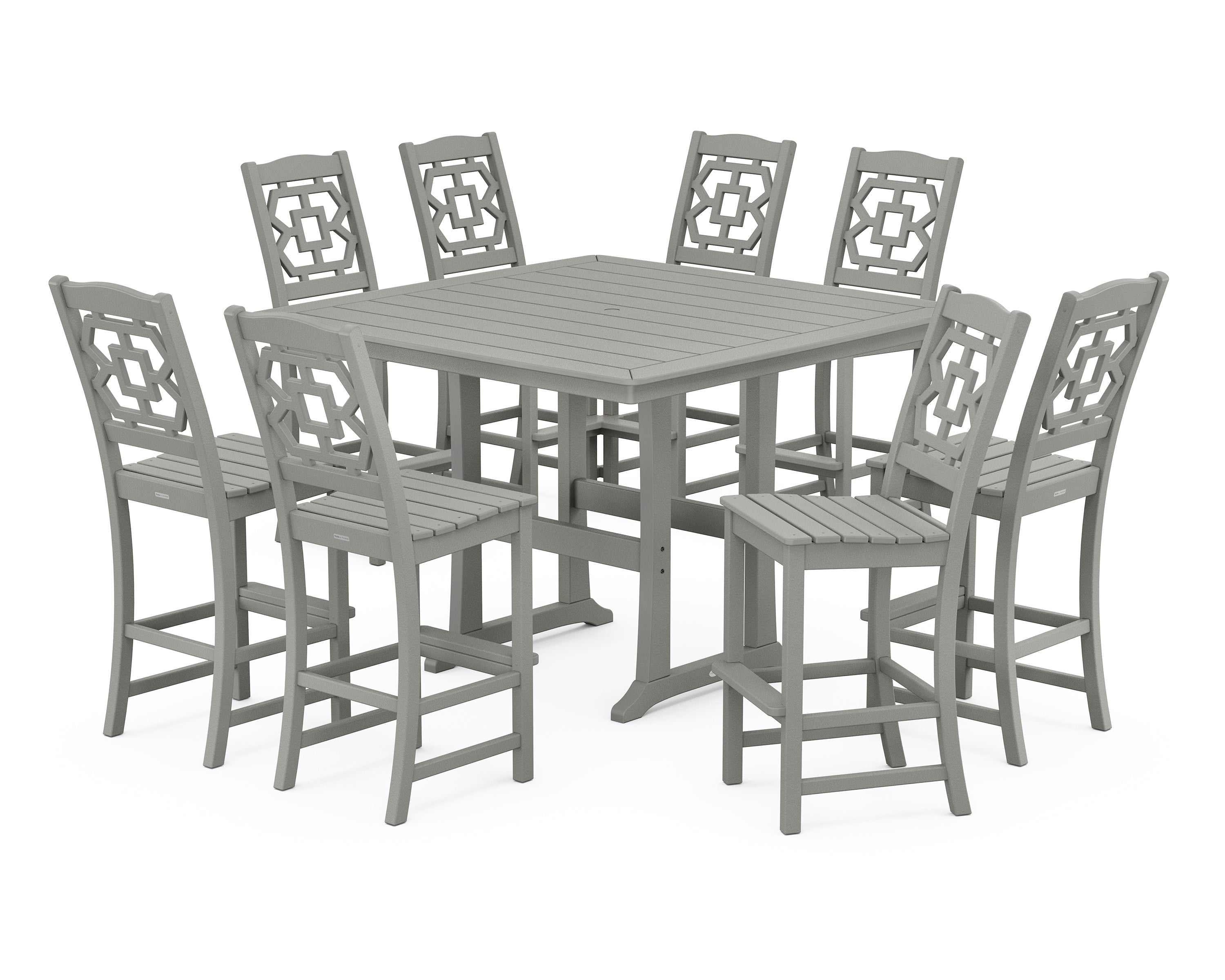 Martha Stewart by POLYWOOD® Chinoiserie 9-Piece Square Side Chair Bar Set with Trestle Legs in Slate Grey