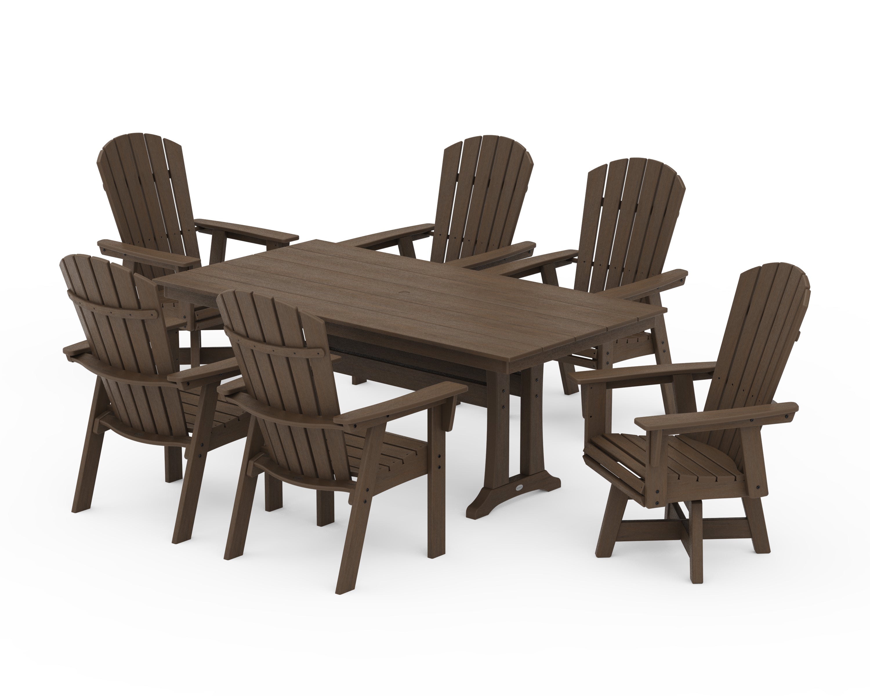 POLYWOOD Nautical Curveback Adirondack Swivel Chair 7-Piece Farmhouse Dining Set With Trestle Legs in Kona