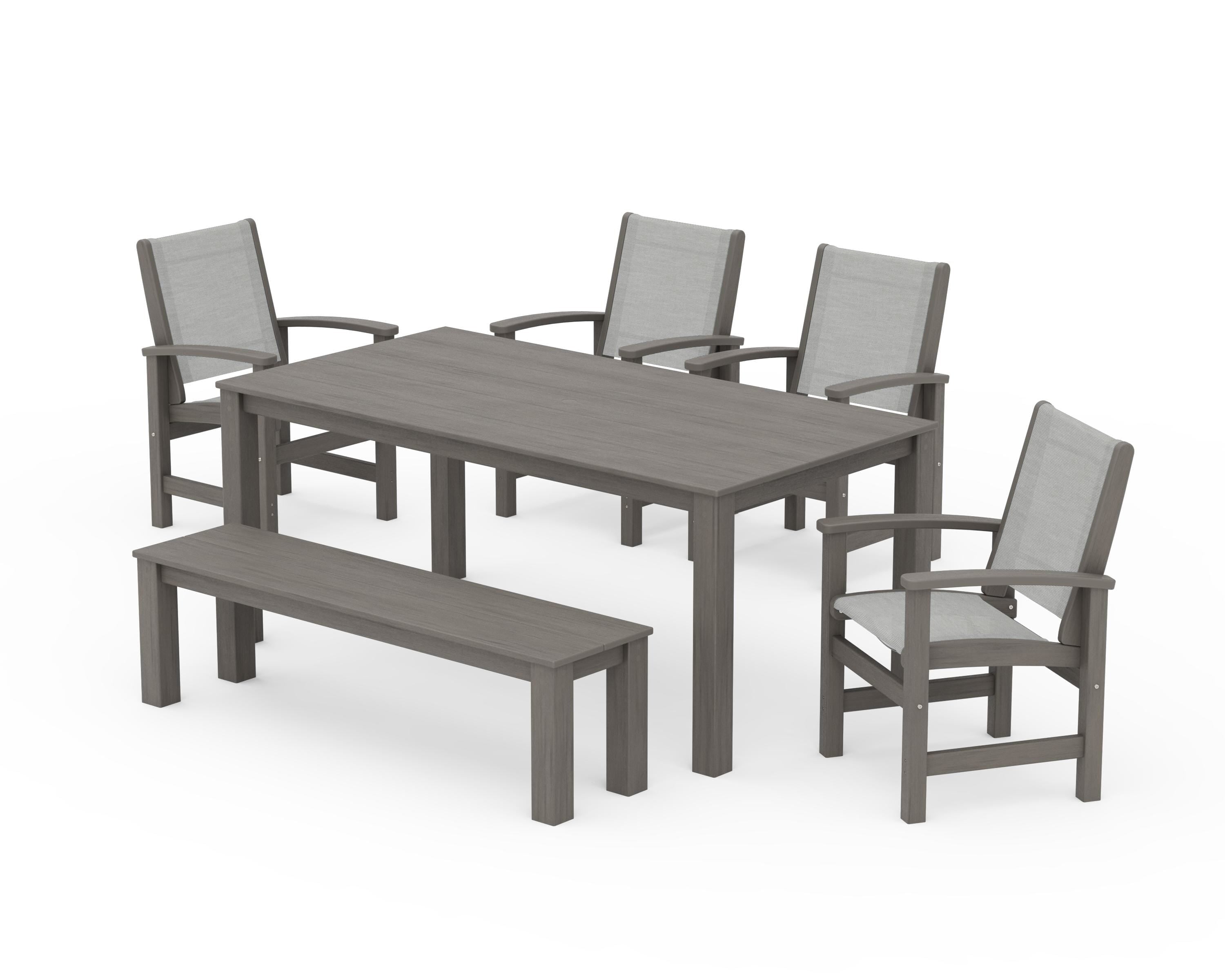POLYWOOD Coastal 6-Piece Parsons Dining Set with Bench in Driftwood / Metallic Sling