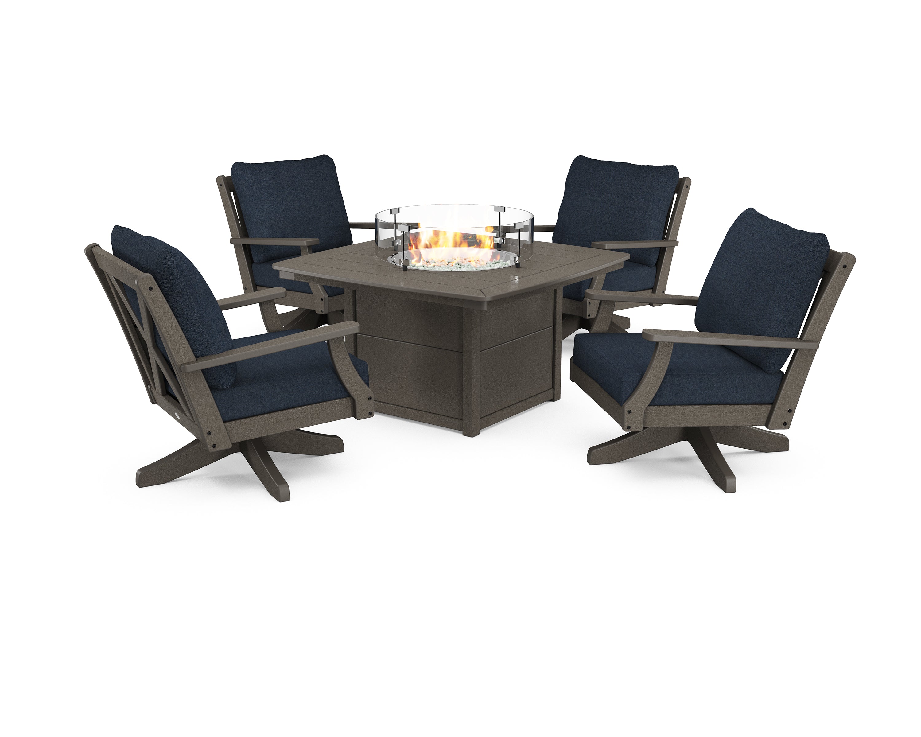 POLYWOOD Braxton 5-Piece Deep Seating Swivel Conversation Set with Fire Pit Table in Vintage Coffee / Marine Indigo