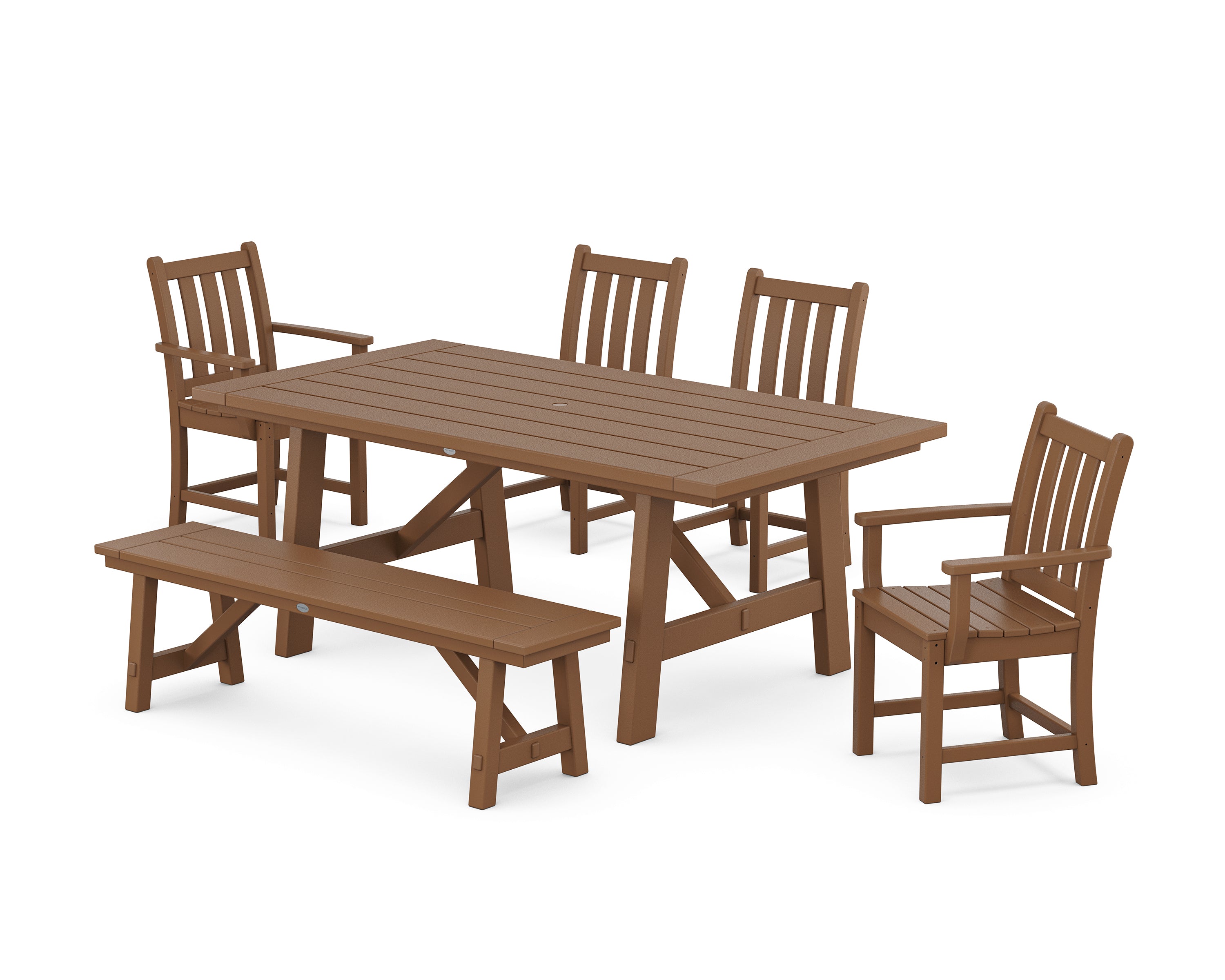 POLYWOOD Traditional Garden 6-Piece Rustic Farmhouse Dining Set With Bench in Teak