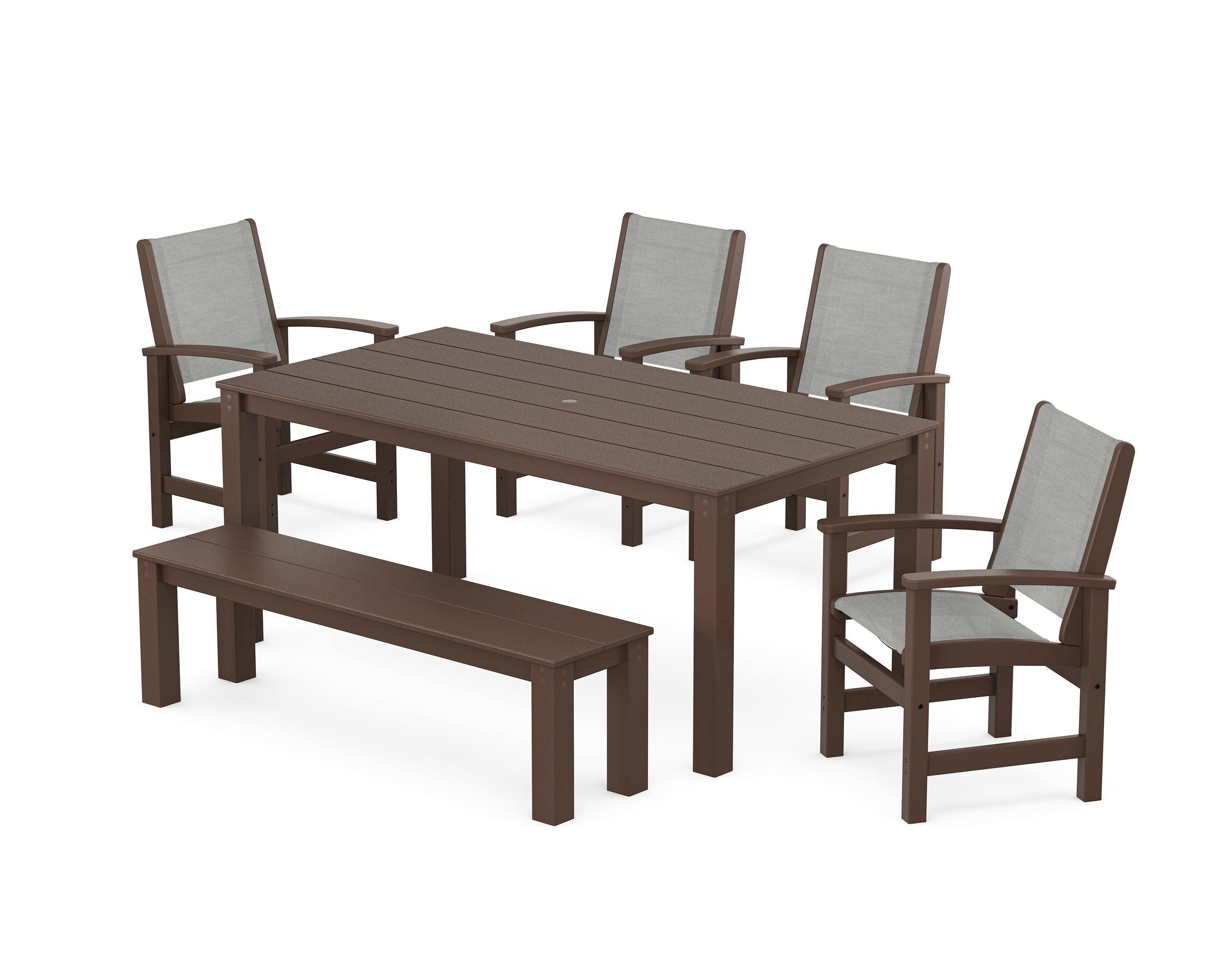 POLYWOOD Coastal 6-Piece Parsons Dining Set with Bench in Mahogany / Metallic Sling