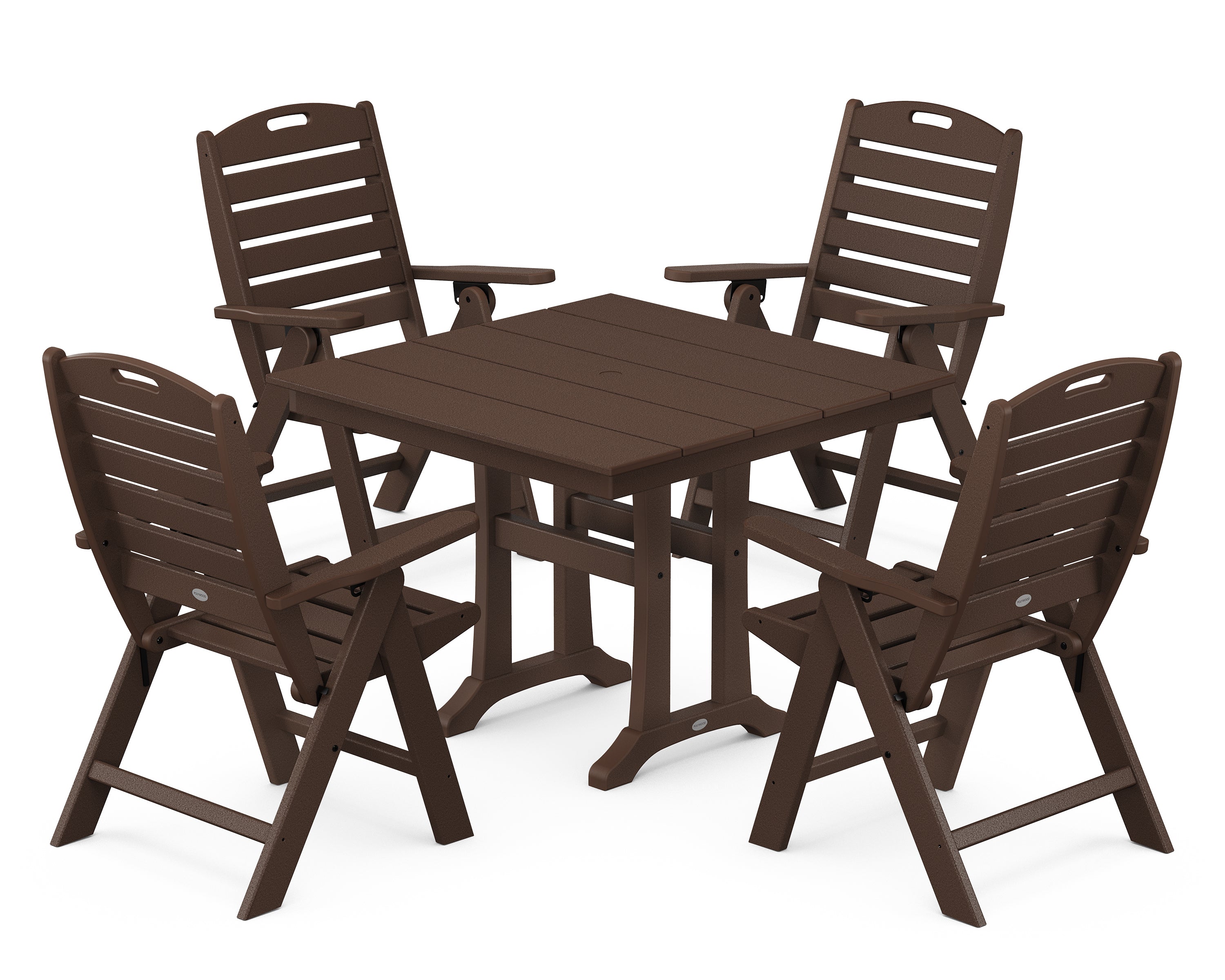 POLYWOOD Nautical Folding Highback Chair 5-Piece Farmhouse Trestle Dining Set in Mahogany