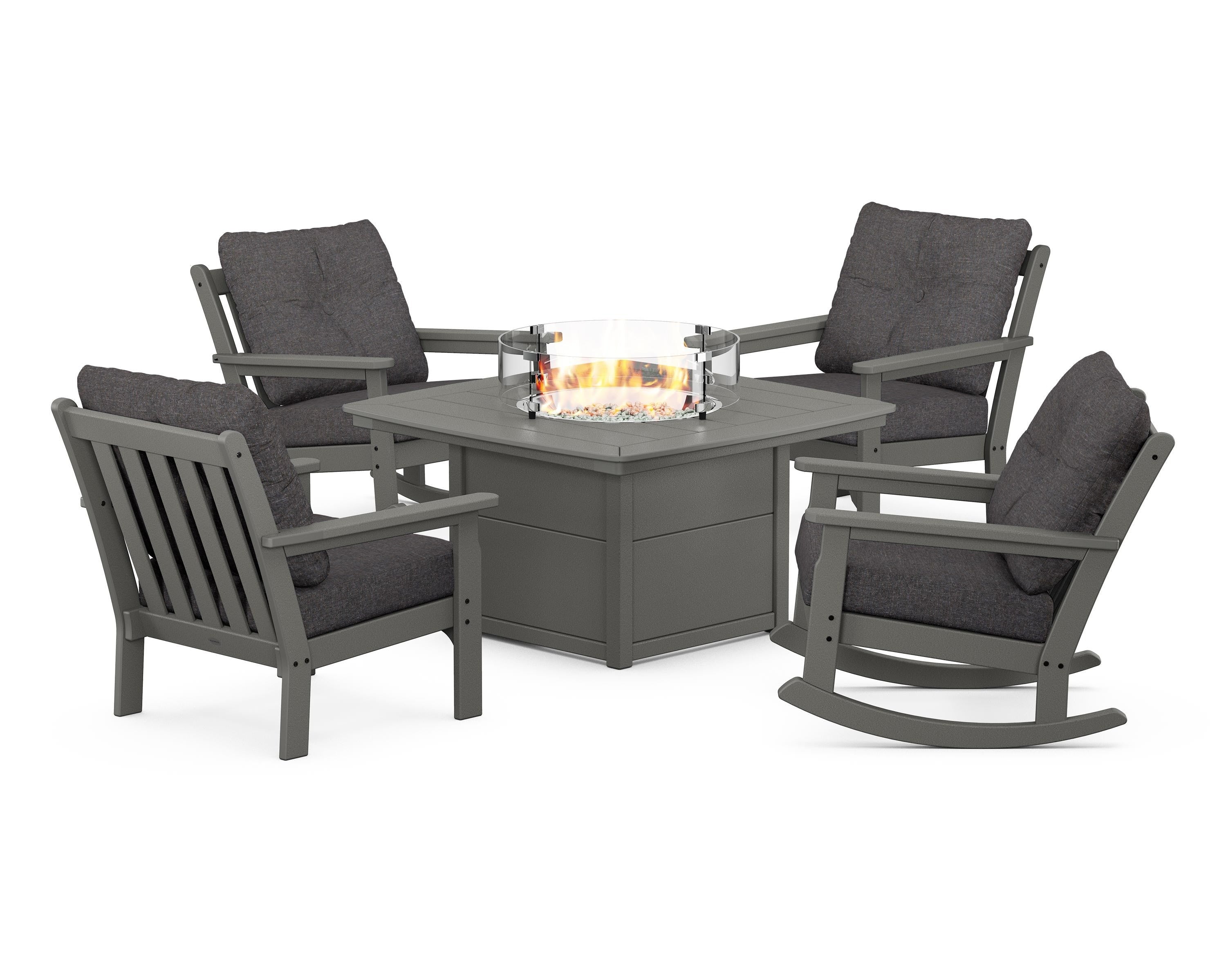 POLYWOOD Vineyard 5-Piece Deep Seating Rocking Chair Conversation Set with Fire Pit Table in Slate Grey / Ash Charcoal