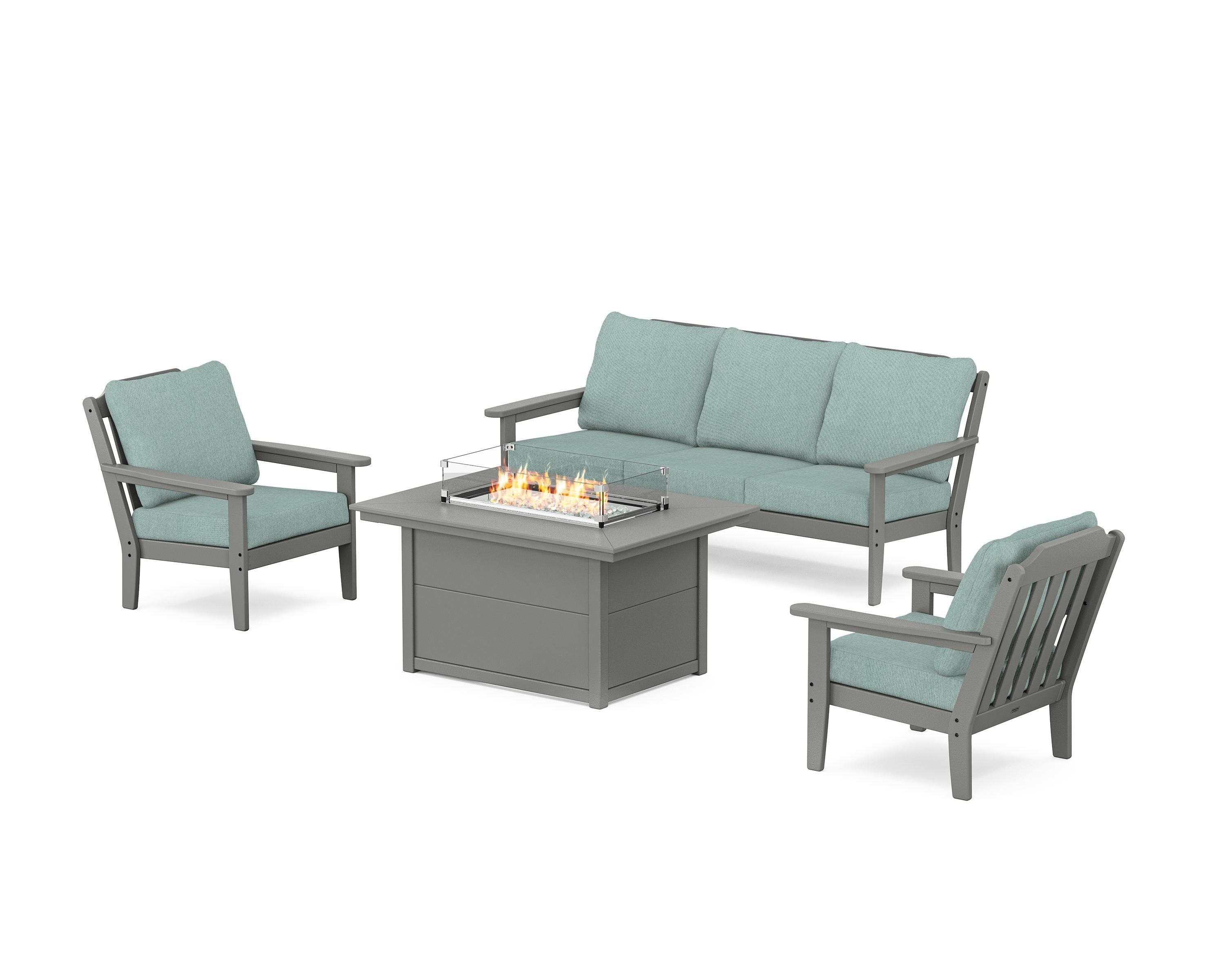 Country Living Cottage Deep Seating Fire Pit Table Set in Slate Grey / Glacier Spa