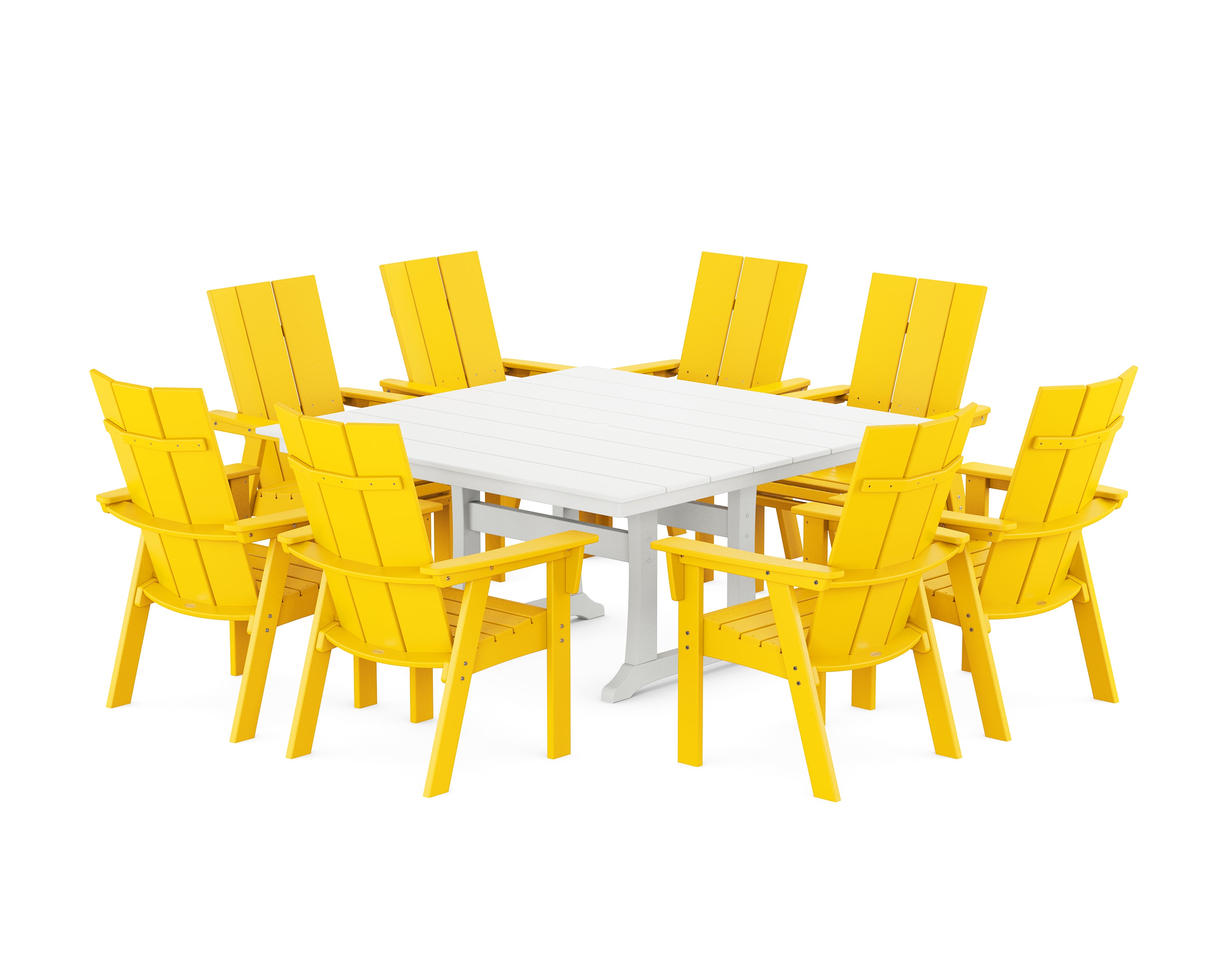 POLYWOOD® Modern Curveback Adirondack 9-Piece Farmhouse Trestle Dining Set in Lemon / White