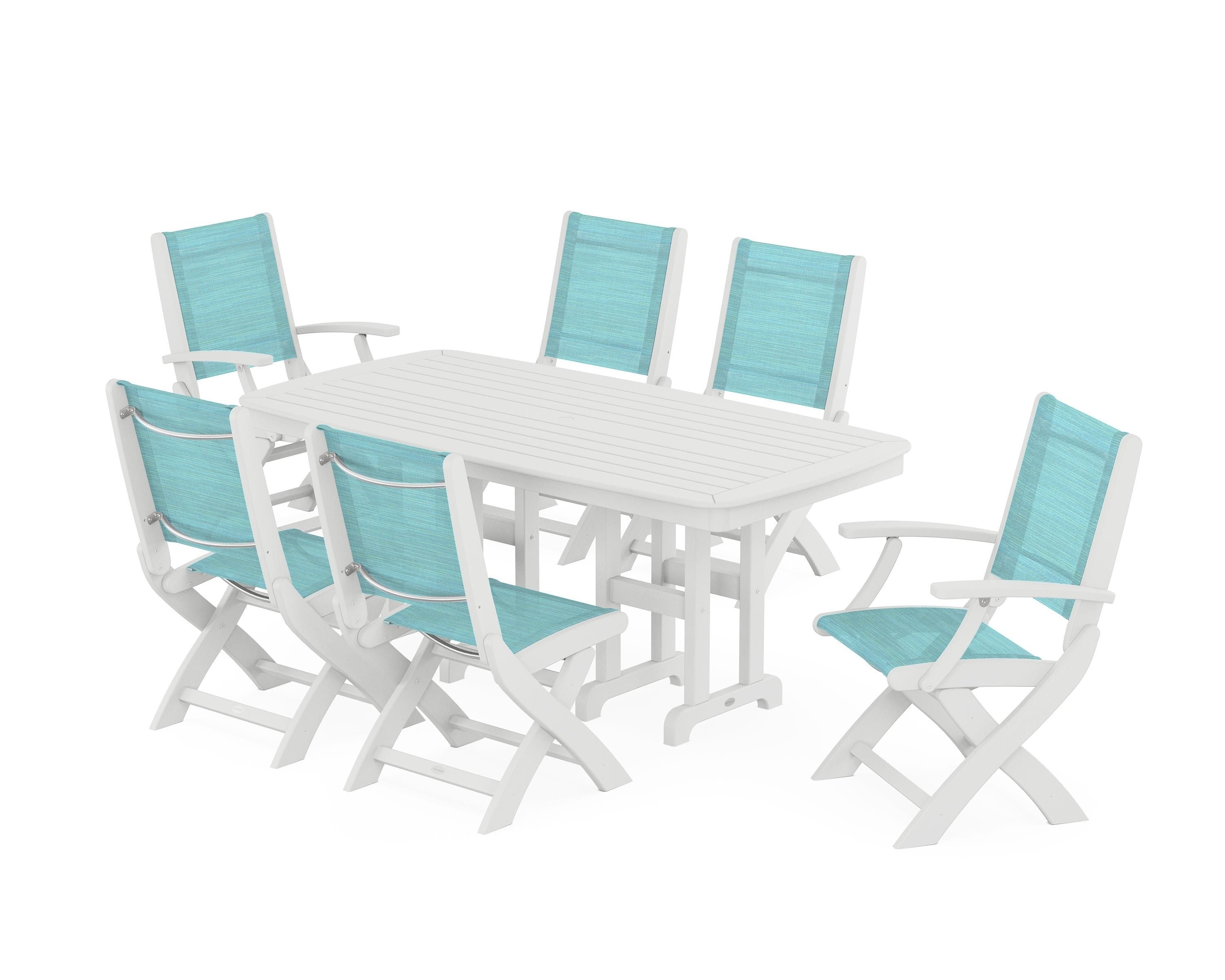 POLYWOOD Coastal Folding Chair 7-Piece Dining Set in White / Dupioni Aquamarine Sling
