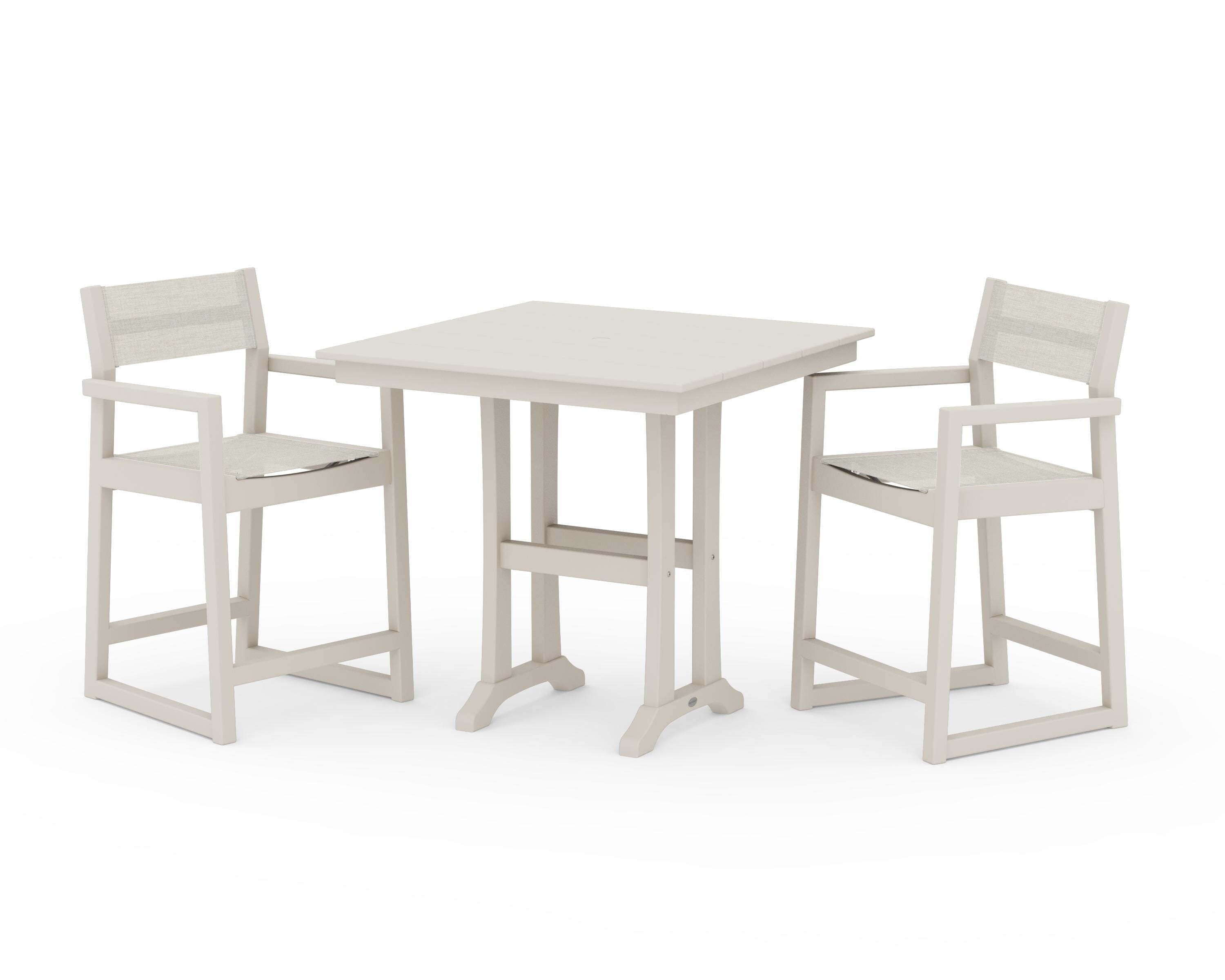 POLYWOOD EDGE Sling Arm Chair 3-Piece Farmhouse Counter Set with Trestle Legs in Sand / Parchment Sling