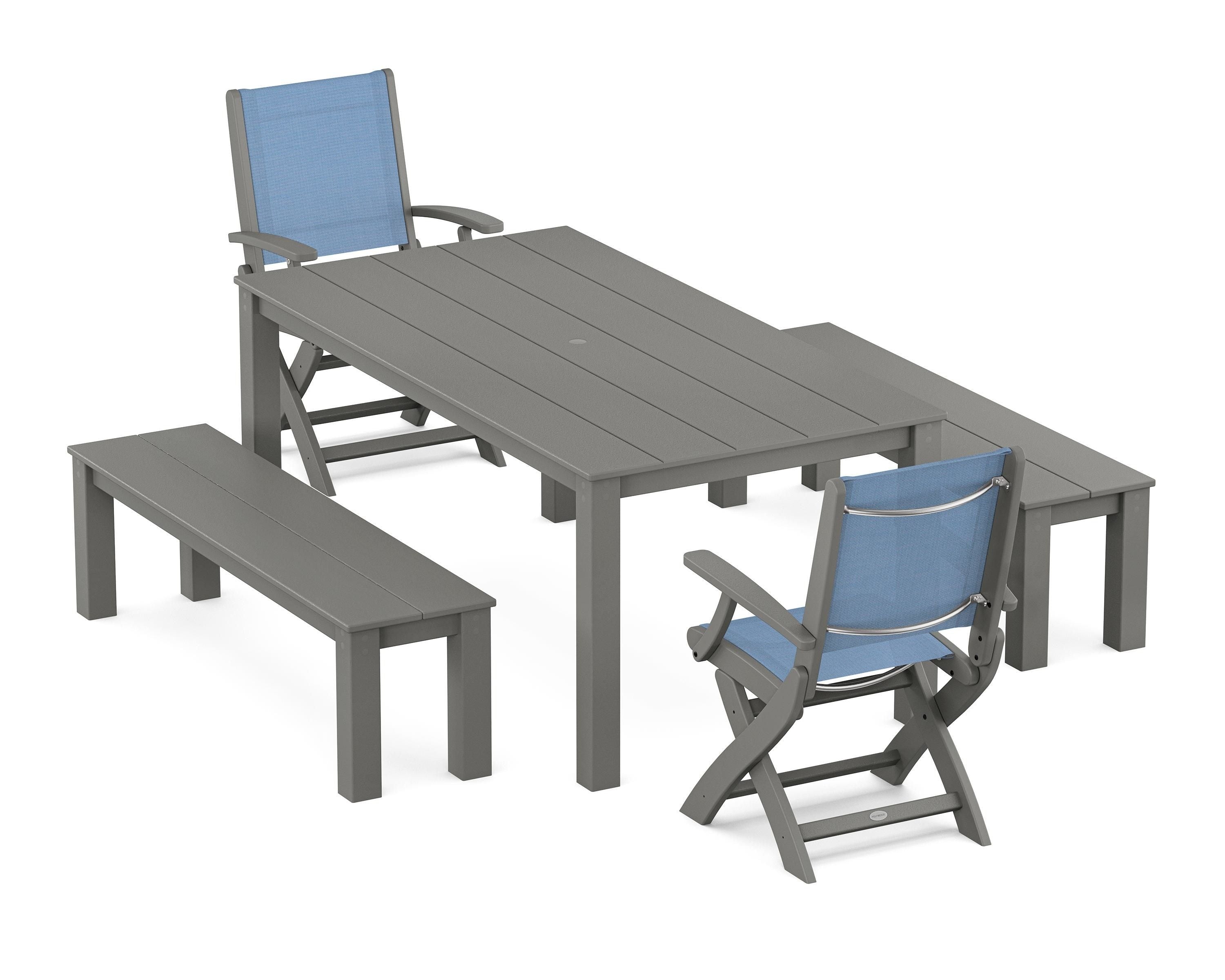 POLYWOOD Coastal Folding Chair 5-Piece Parsons Dining Set with Benches in Slate Grey / Poolside Sling