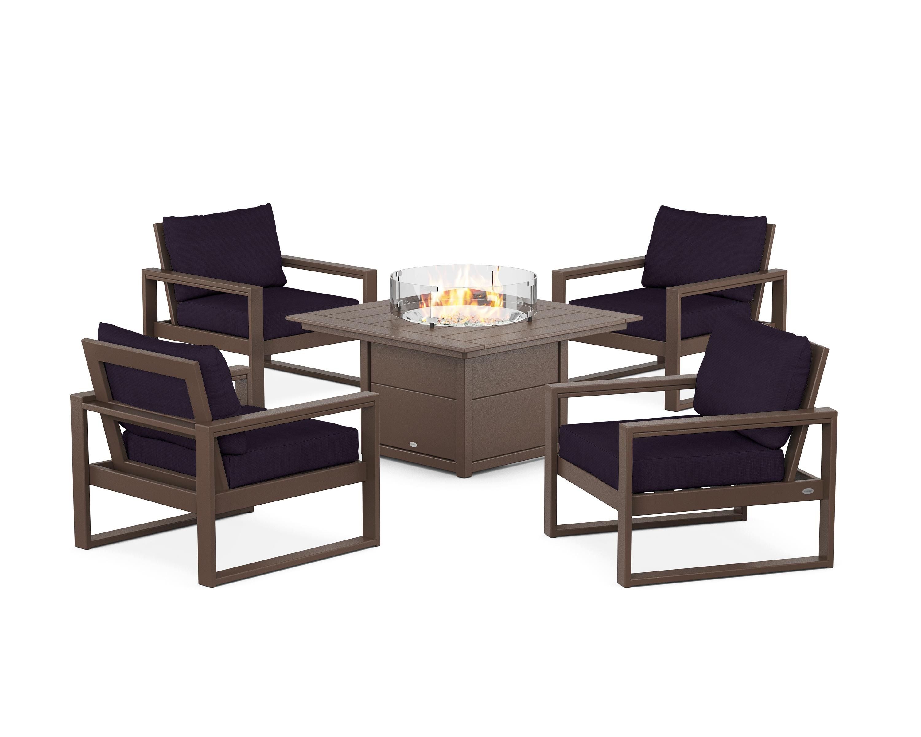 POLYWOOD EDGE Sectional 5-Piece Deep Seating Set with Fire Pit Table in Mahogany / Navy Linen