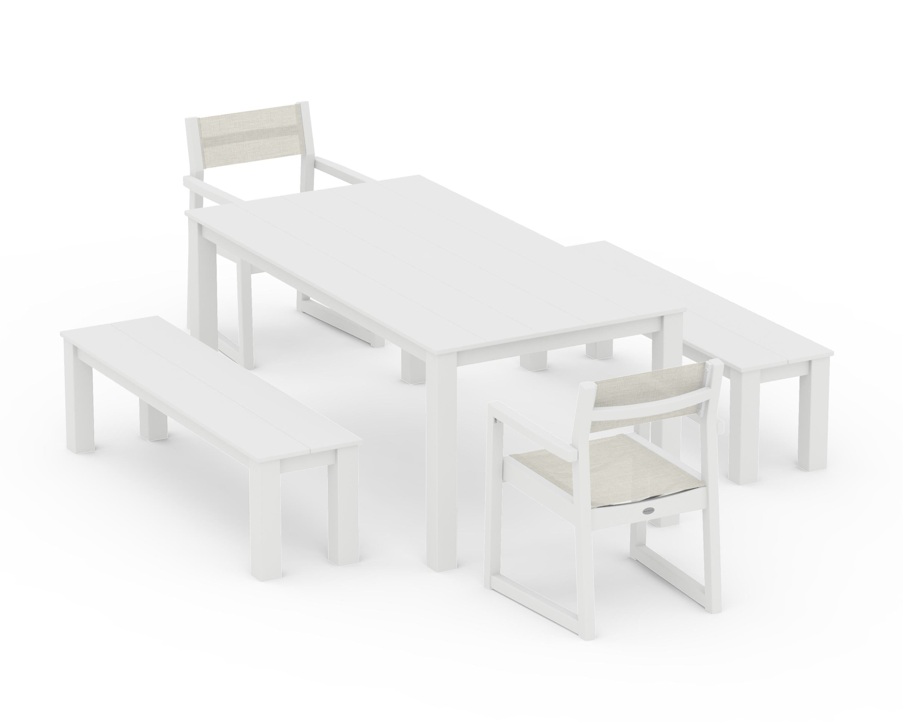 POLYWOOD EDGE Sling Arm Chair 5-Piece Parsons Dining Set with Benches in White / Parchment Sling