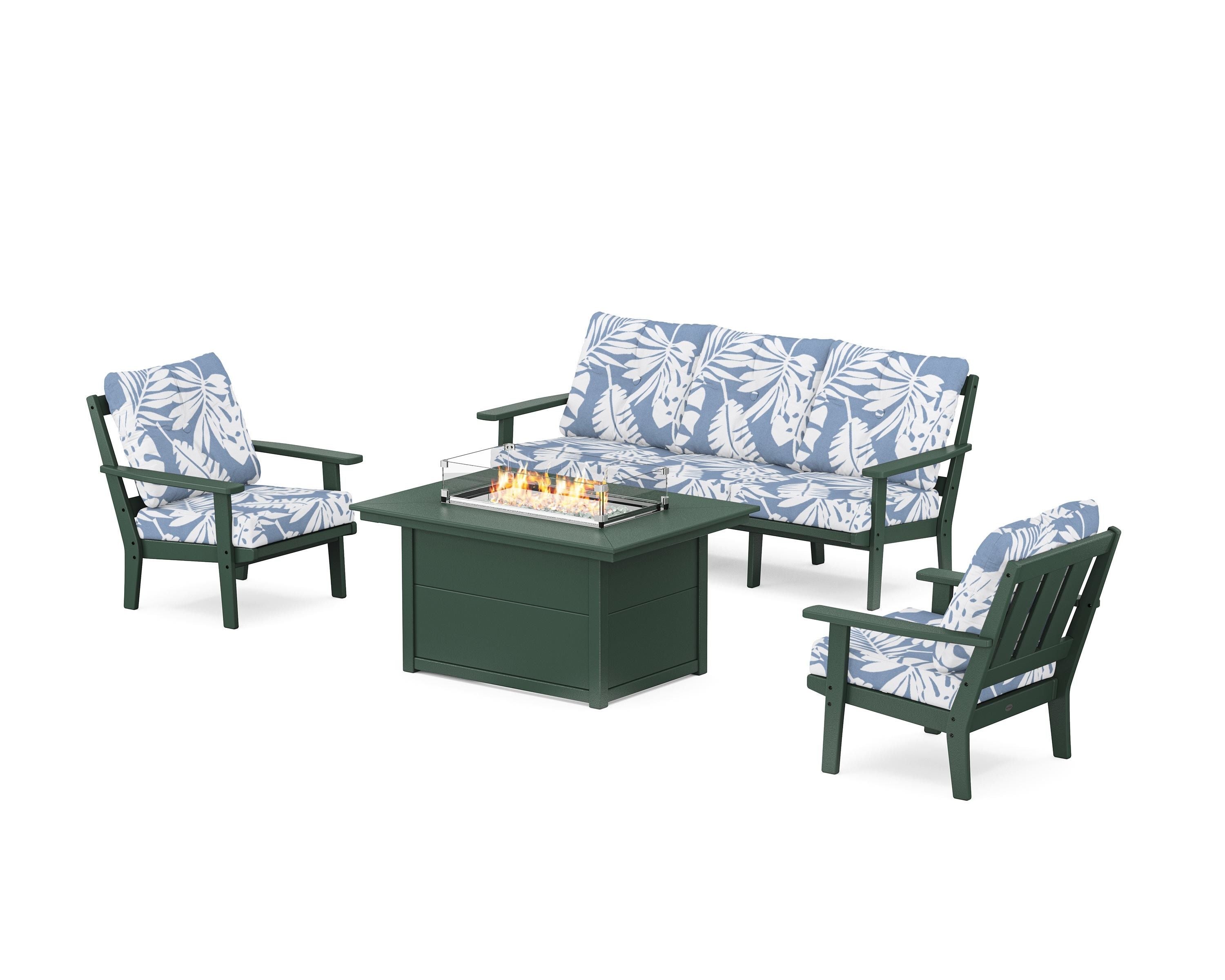 POLYWOOD Oxford Deep Seating Fire Pit Table Set in Green / Leaf Sky Blue