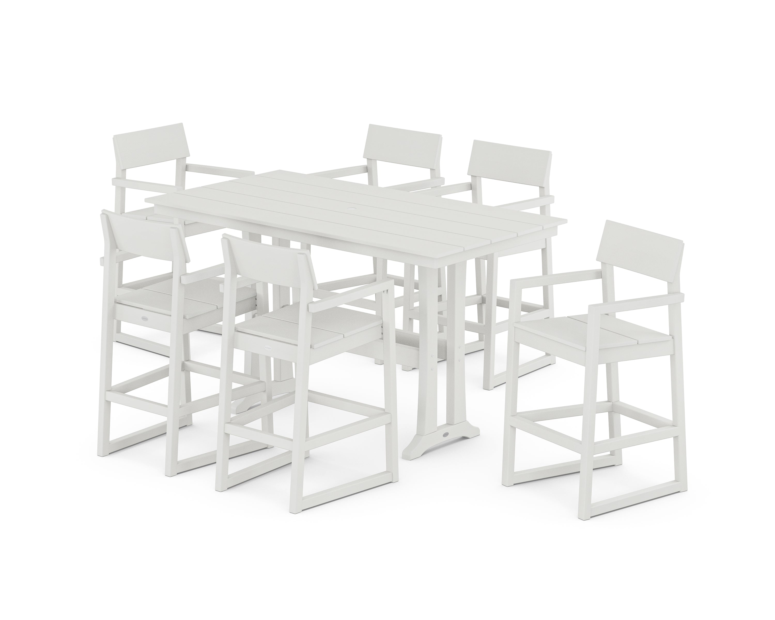 POLYWOOD® EDGE Arm Chair 7-Piece Farmhouse Bar Set with Trestle Legs in Vintage White