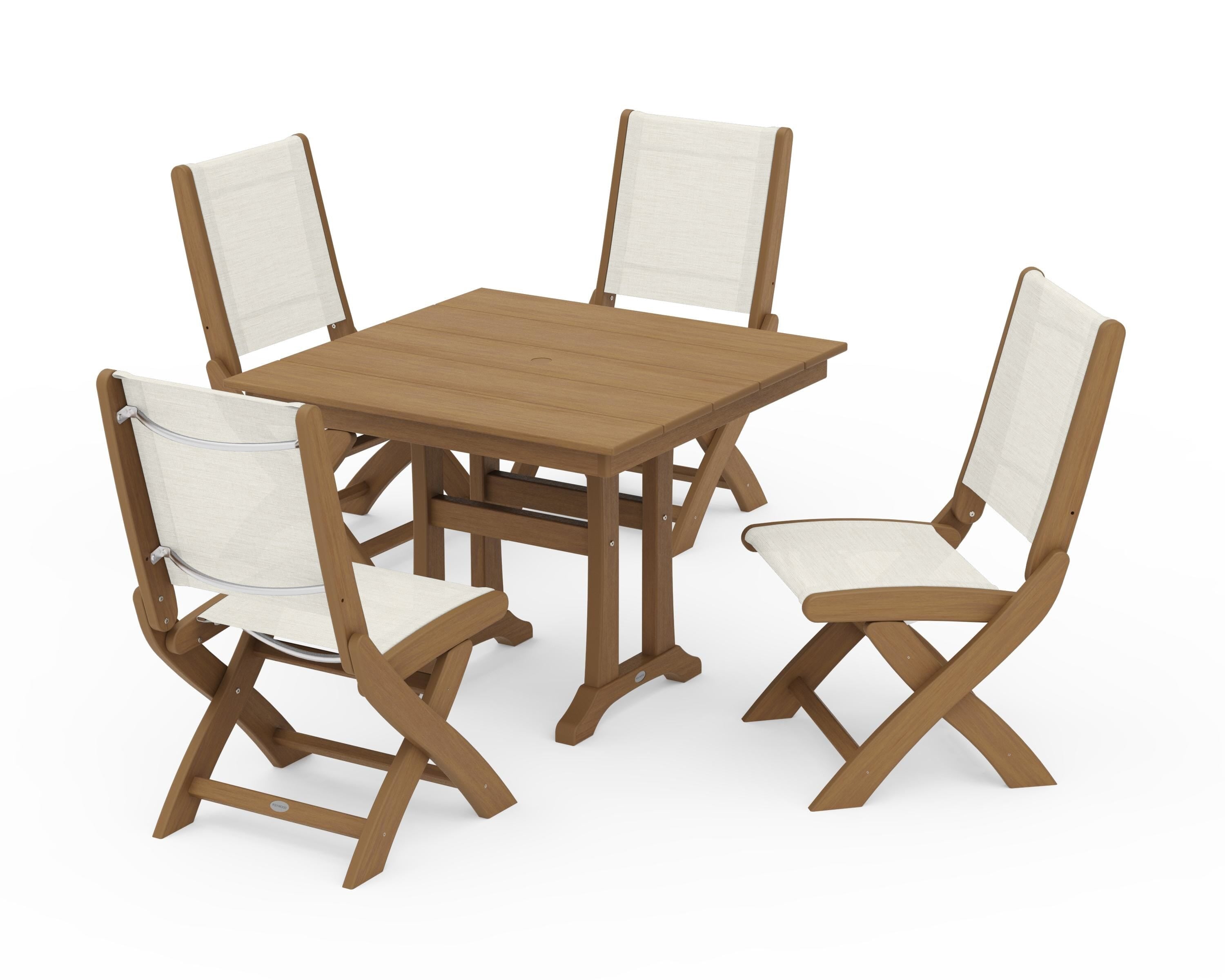 POLYWOOD Coastal Folding Side Chair 5-Piece Farmhouse Dining Set With Trestle Legs in Natural / Parchment Sling