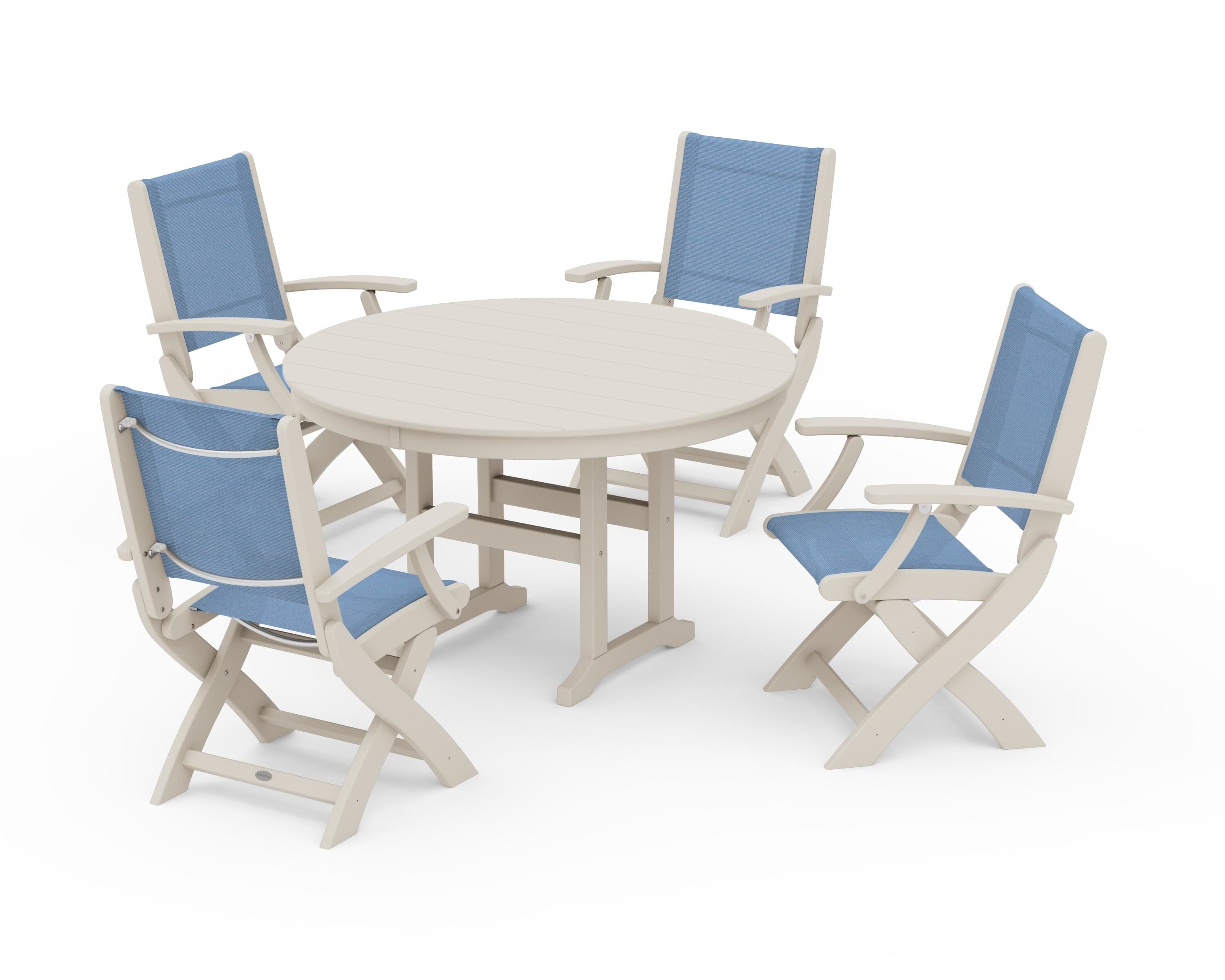 POLYWOOD Coastal Folding Chair 5-Piece Round Dining Set in Sand / Poolside Sling