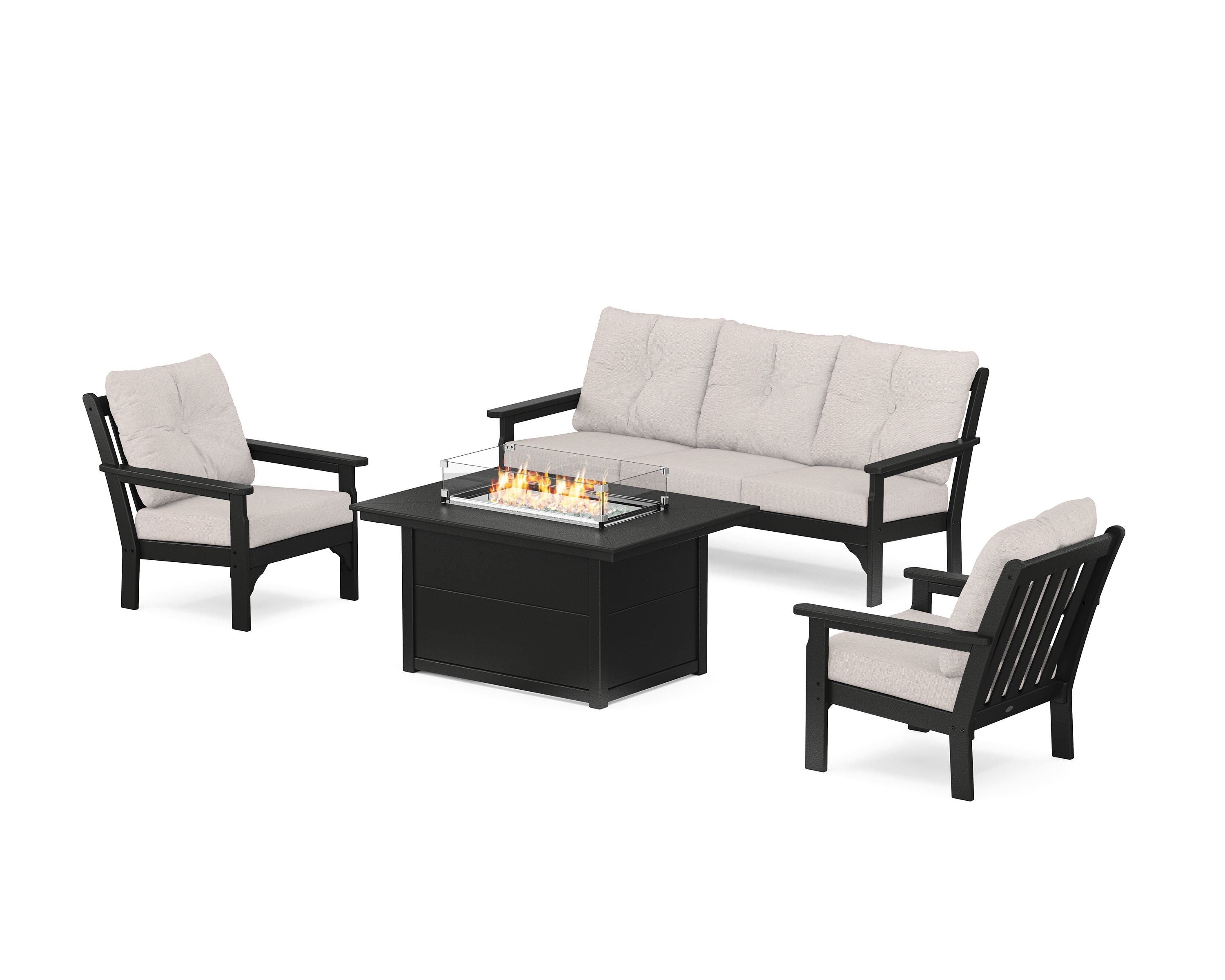 POLYWOOD Vineyard Deep Seating Fire Pit Table Set in Black / Dune Burlap