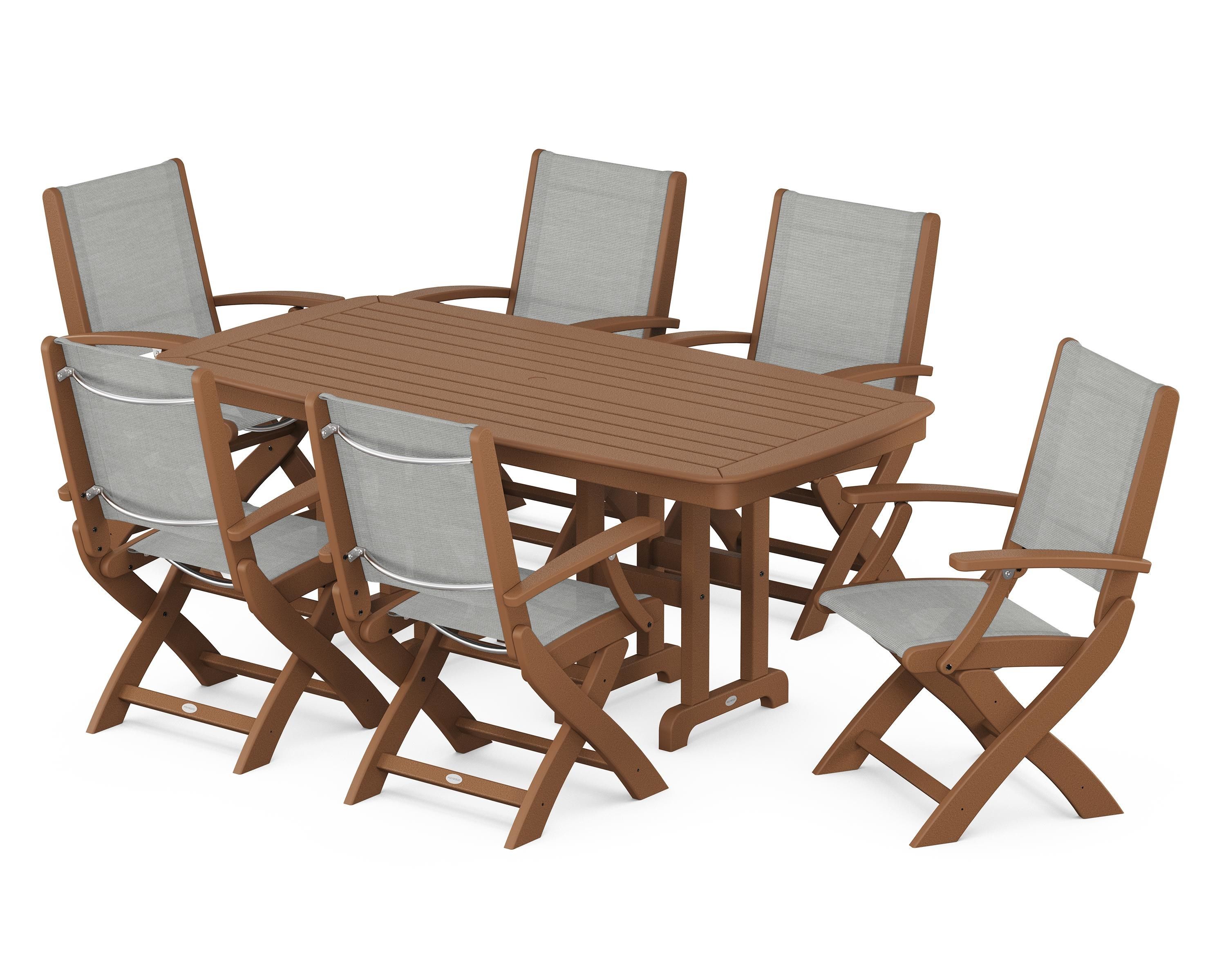 POLYWOOD Coastal Folding Arm Chair 7-Piece Dining Set in Teak / Metallic Sling