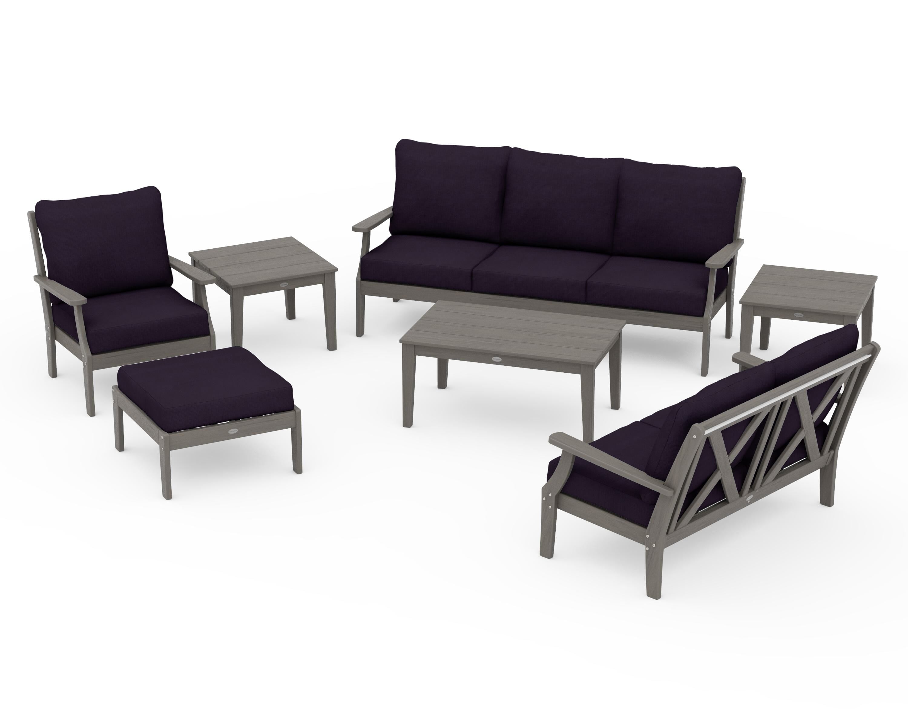 POLYWOOD Braxton 7-Piece Deep Seating Set in Driftwood / Navy Linen