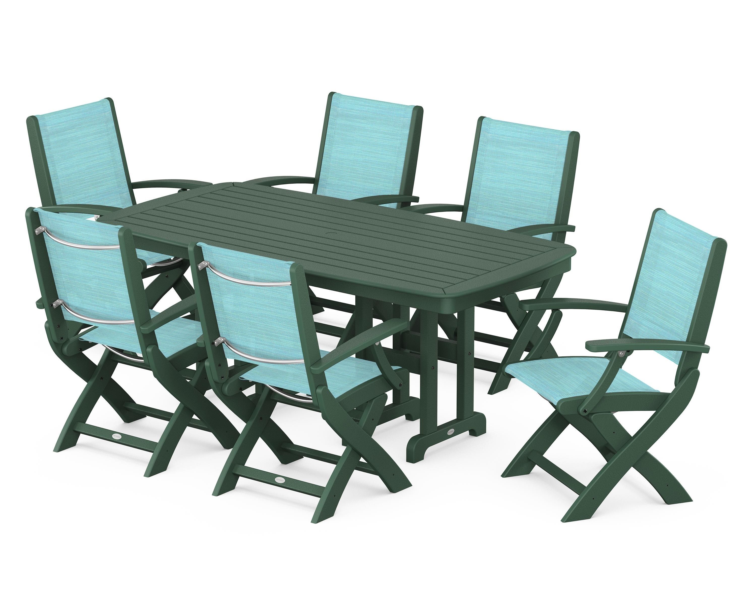 POLYWOOD Coastal Folding Arm Chair 7-Piece Dining Set in Green / Dupioni Aquamarine Sling