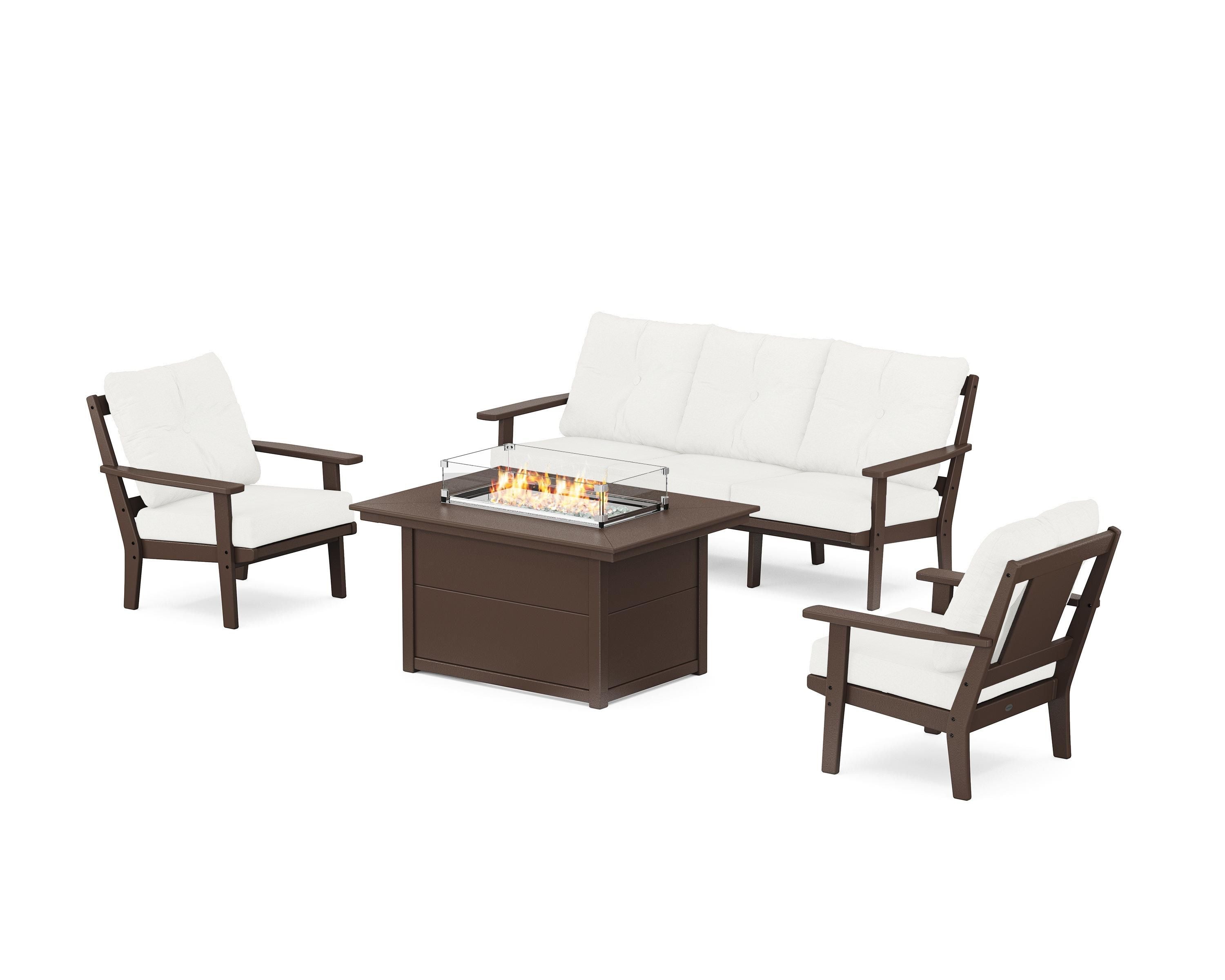POLYWOOD Prairie Deep Seating Fire Pit Table Set in Mahogany / Natural Linen