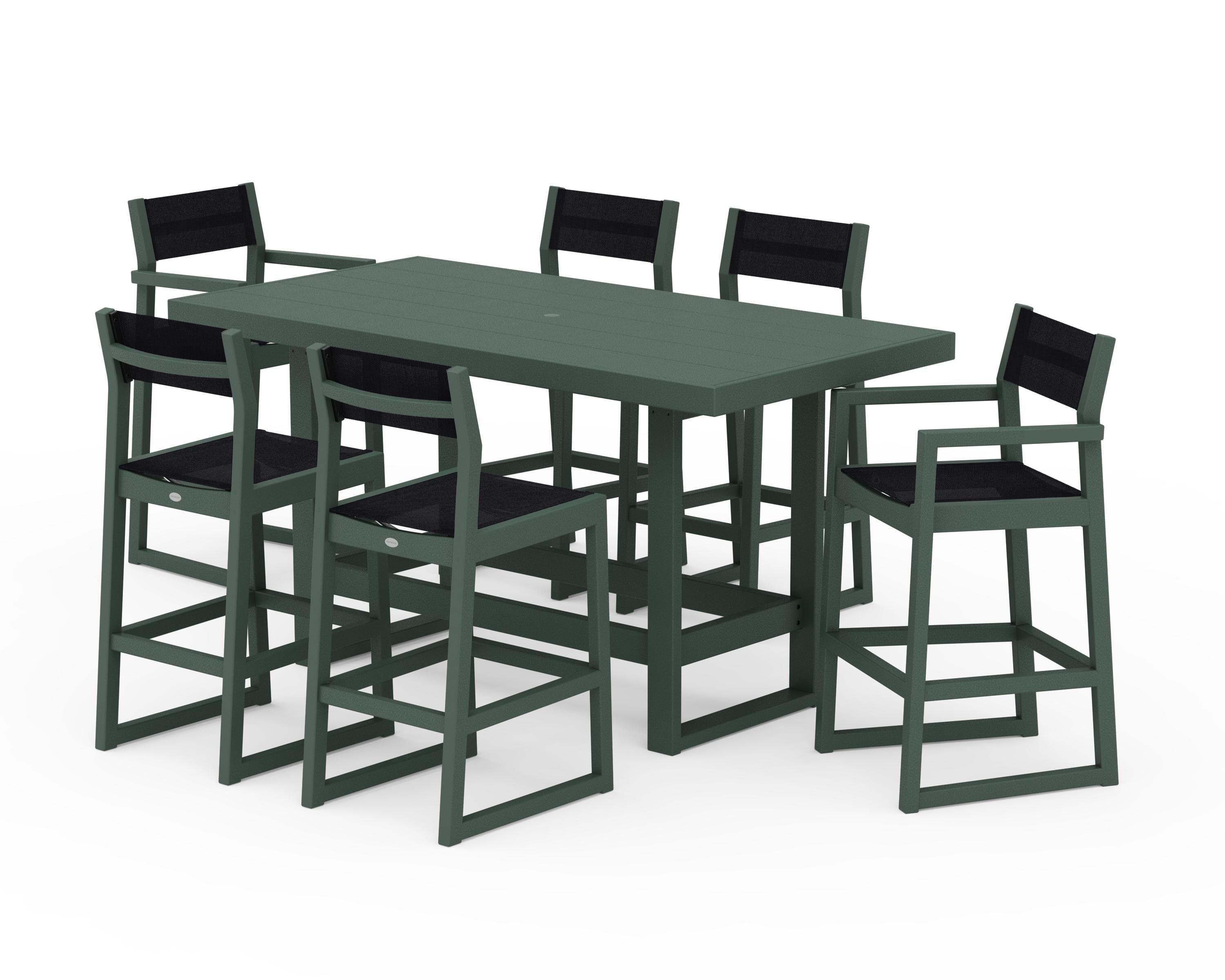 POLYWOOD EDGE Sling 7-Piece Bar Table Set in Green / Black Sling