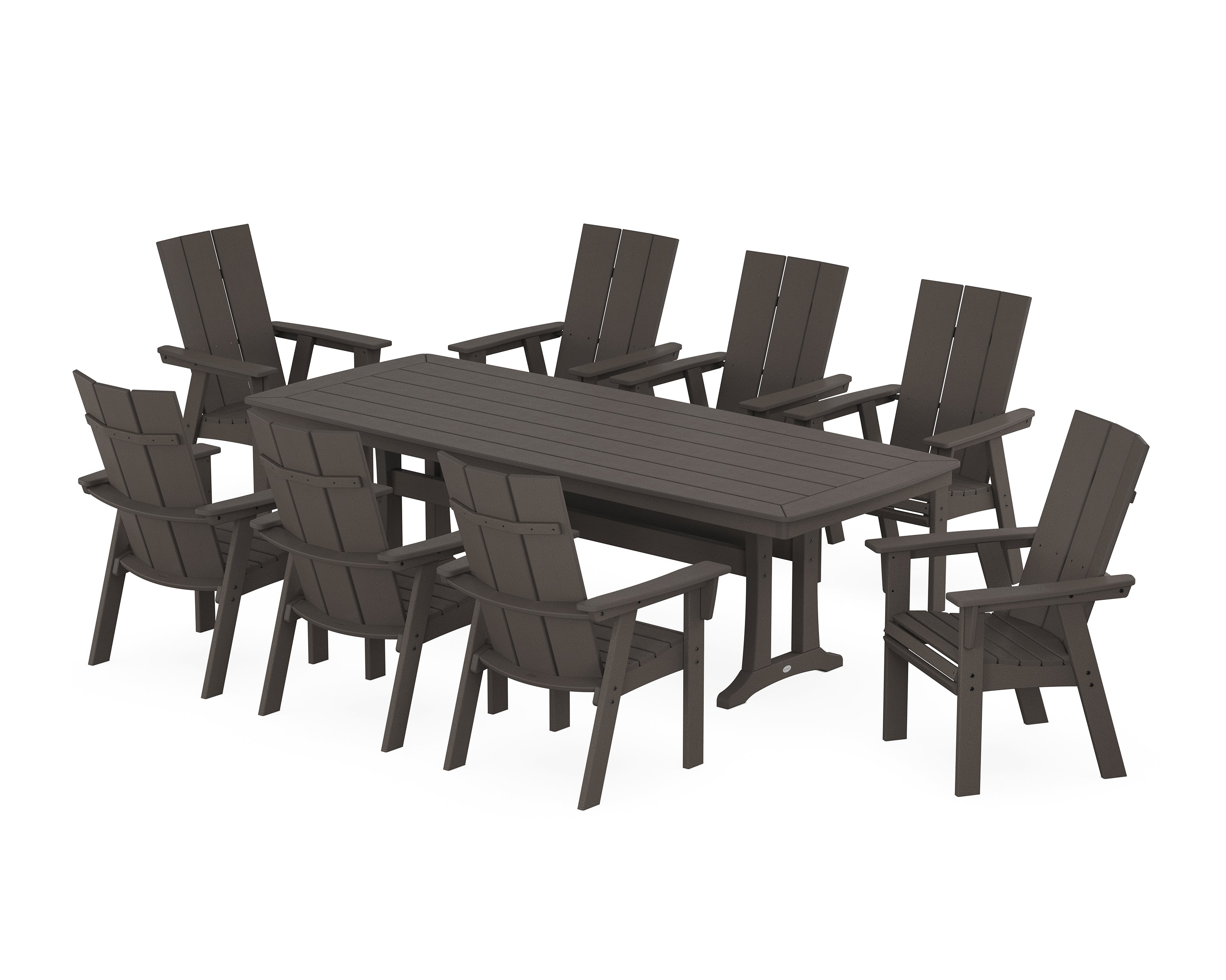 POLYWOOD Modern Curveback Adirondack 9-Piece Dining Set with Trestle Legs in Vintage Coffee