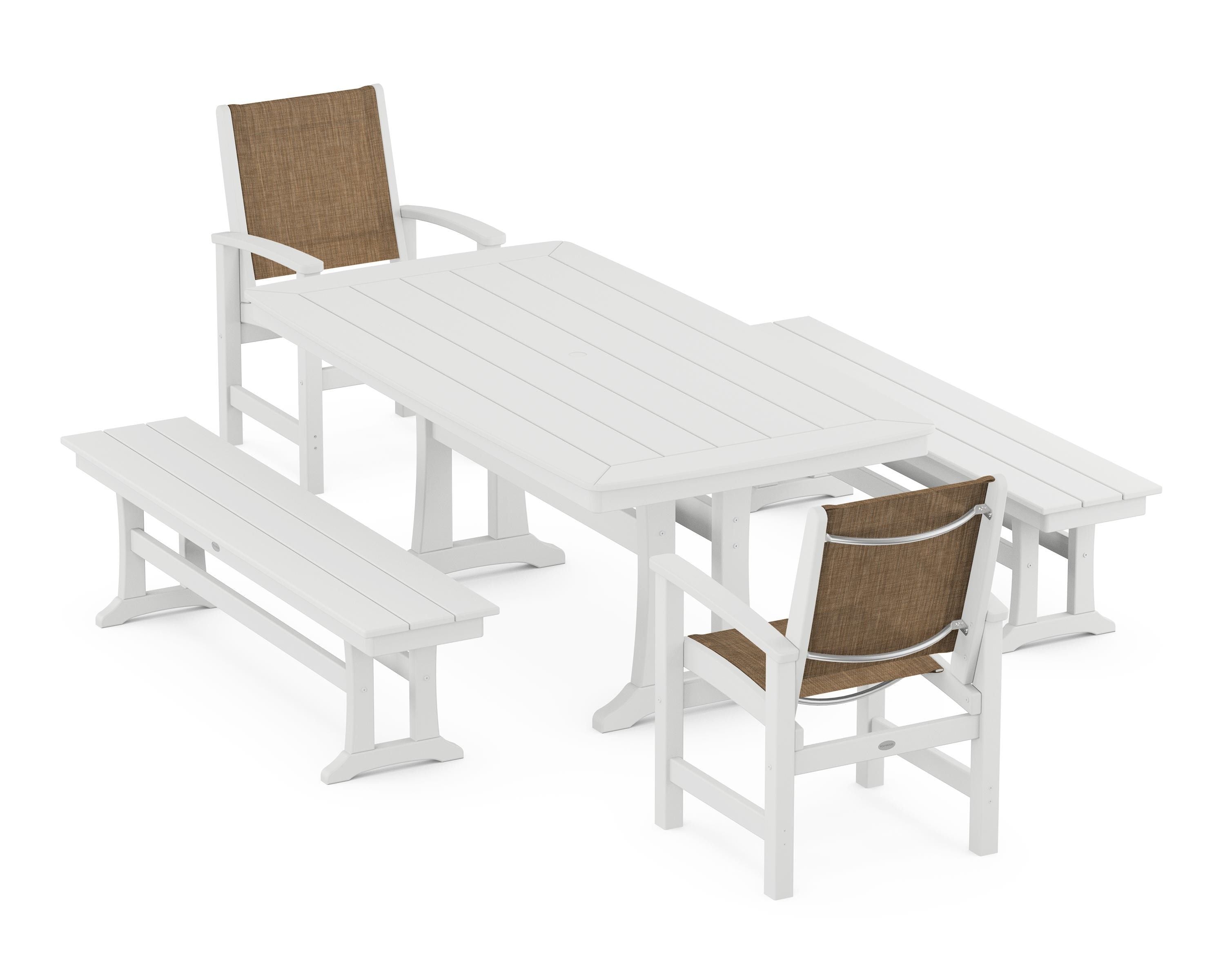 POLYWOOD Coastal 5-Piece Dining Set with Trestle Legs and Benches in White / Burlap Sling