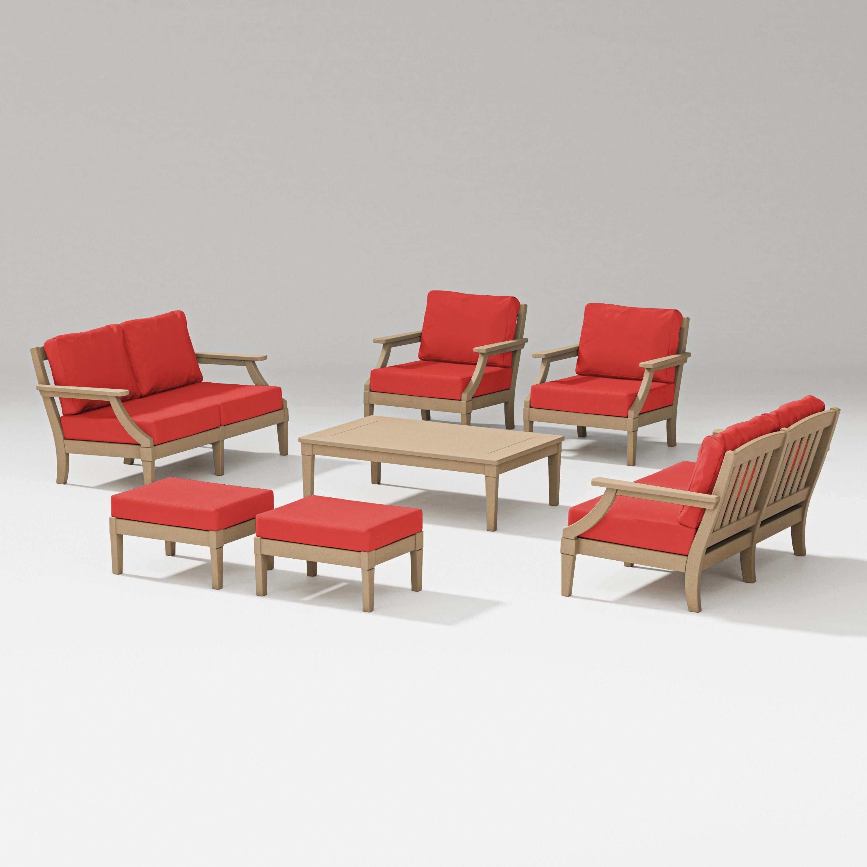 PW Designer Series Estate 7-Piece Lounge Loveseat Set in Vintage Sahara / Crimson Linen