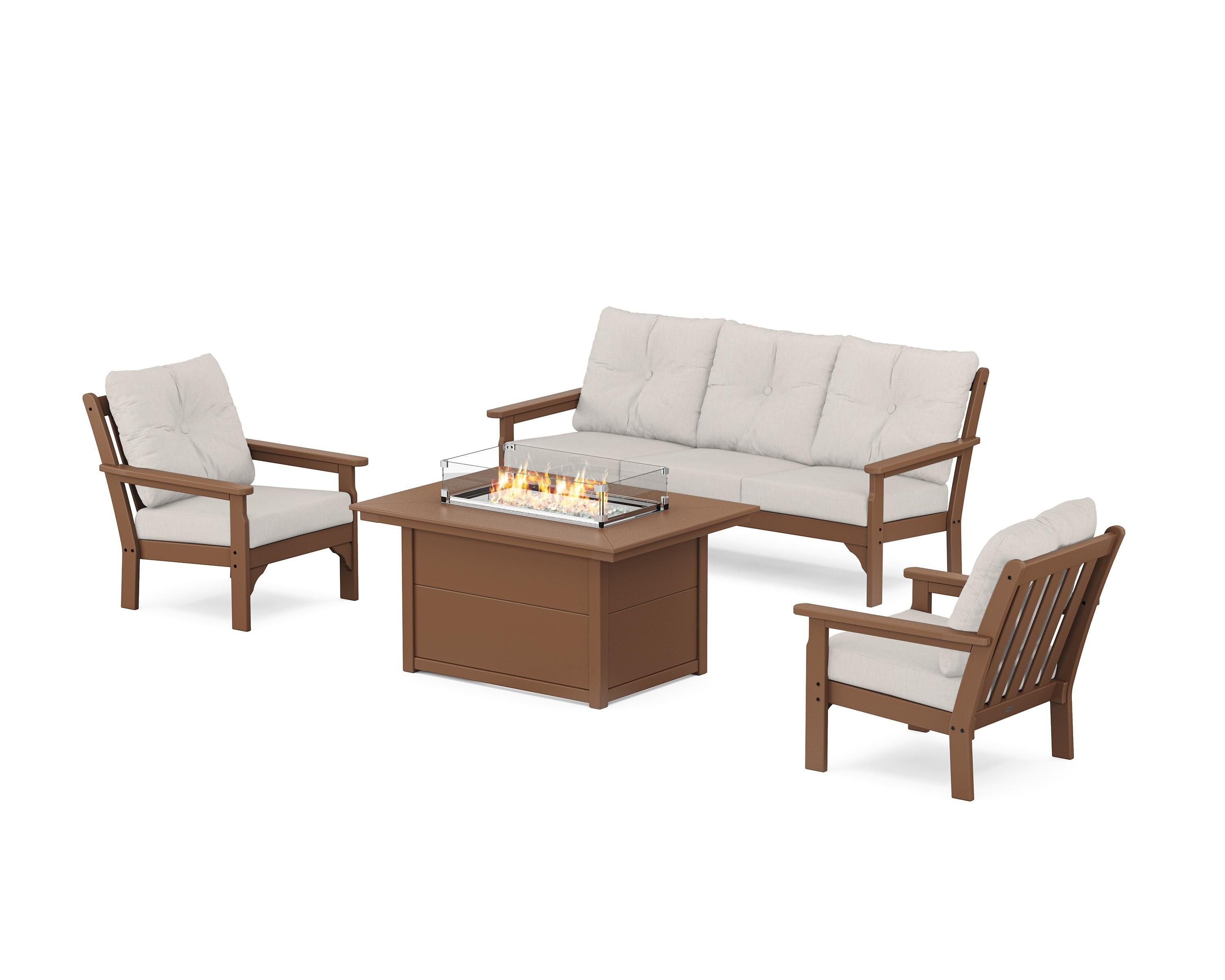 POLYWOOD Vineyard Deep Seating Fire Pit Table Set in Teak / Cast Ash