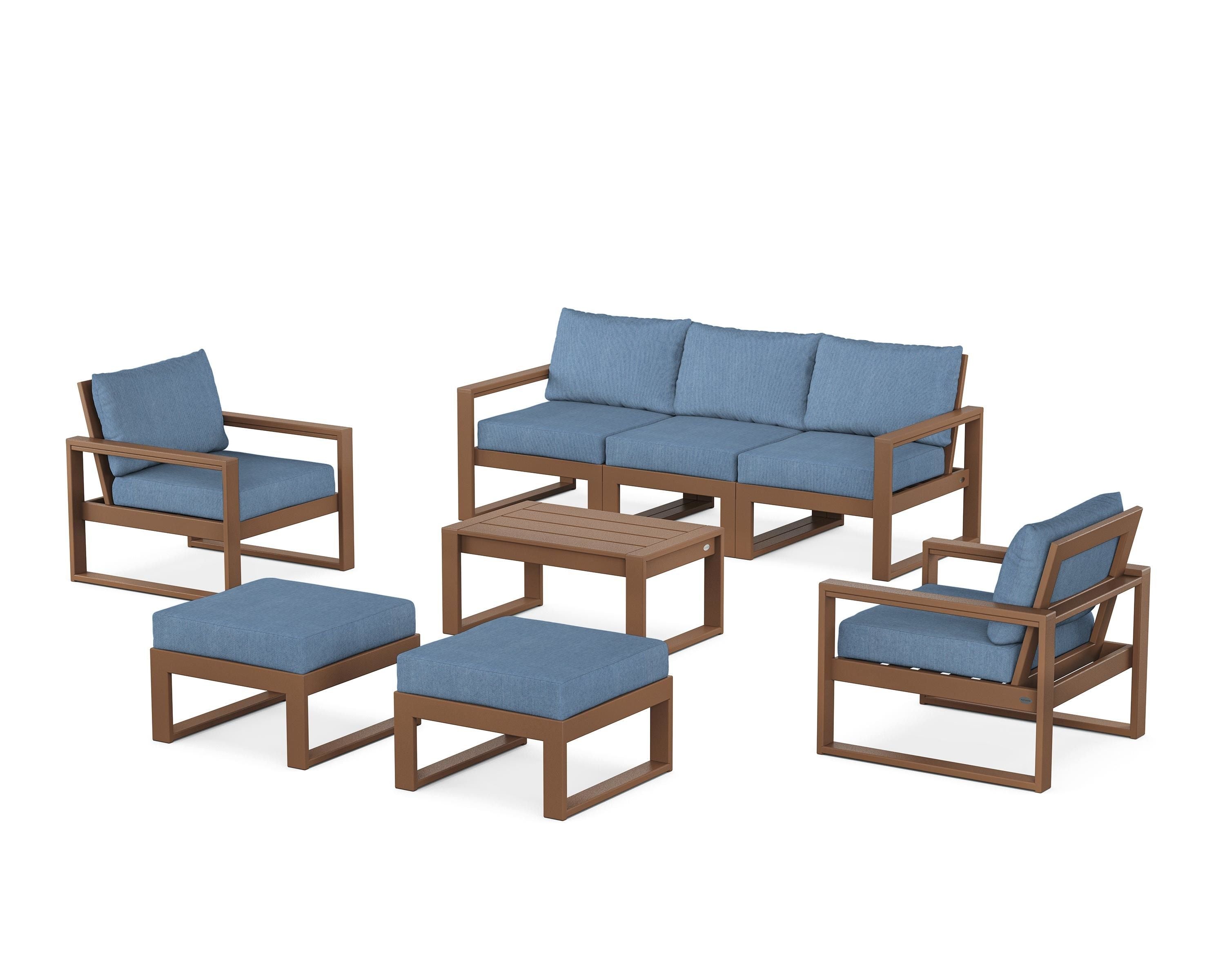 POLYWOOD EDGE Sectional 8-Piece Lounge Sofa Set in Teak / Sky Blue