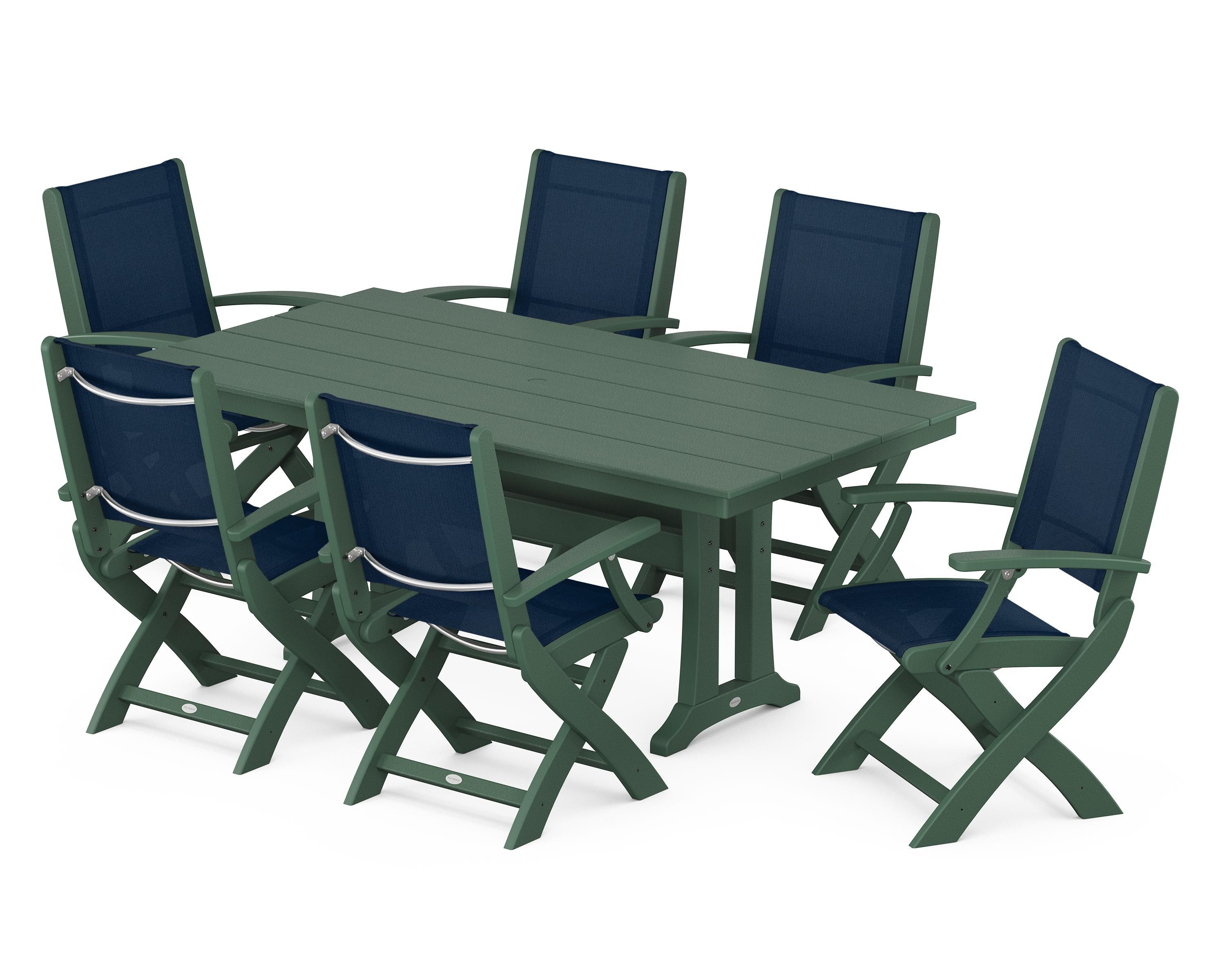 POLYWOOD Coastal Folding Arm Chair 7-Piece Farmhouse Dining Set with Trestle Legs in Green / Navy Blue Sling