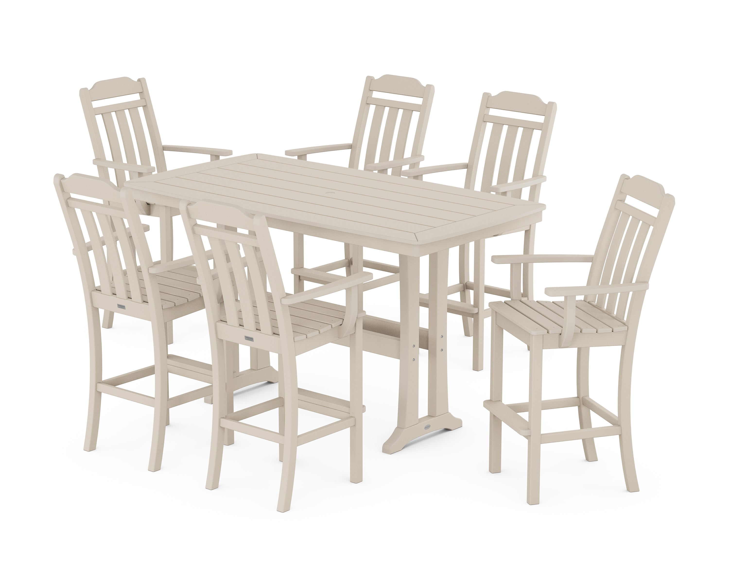 POLYWOOD Country Living Arm Chair 7-Piece Bar Set with Trestle Legs in Sand