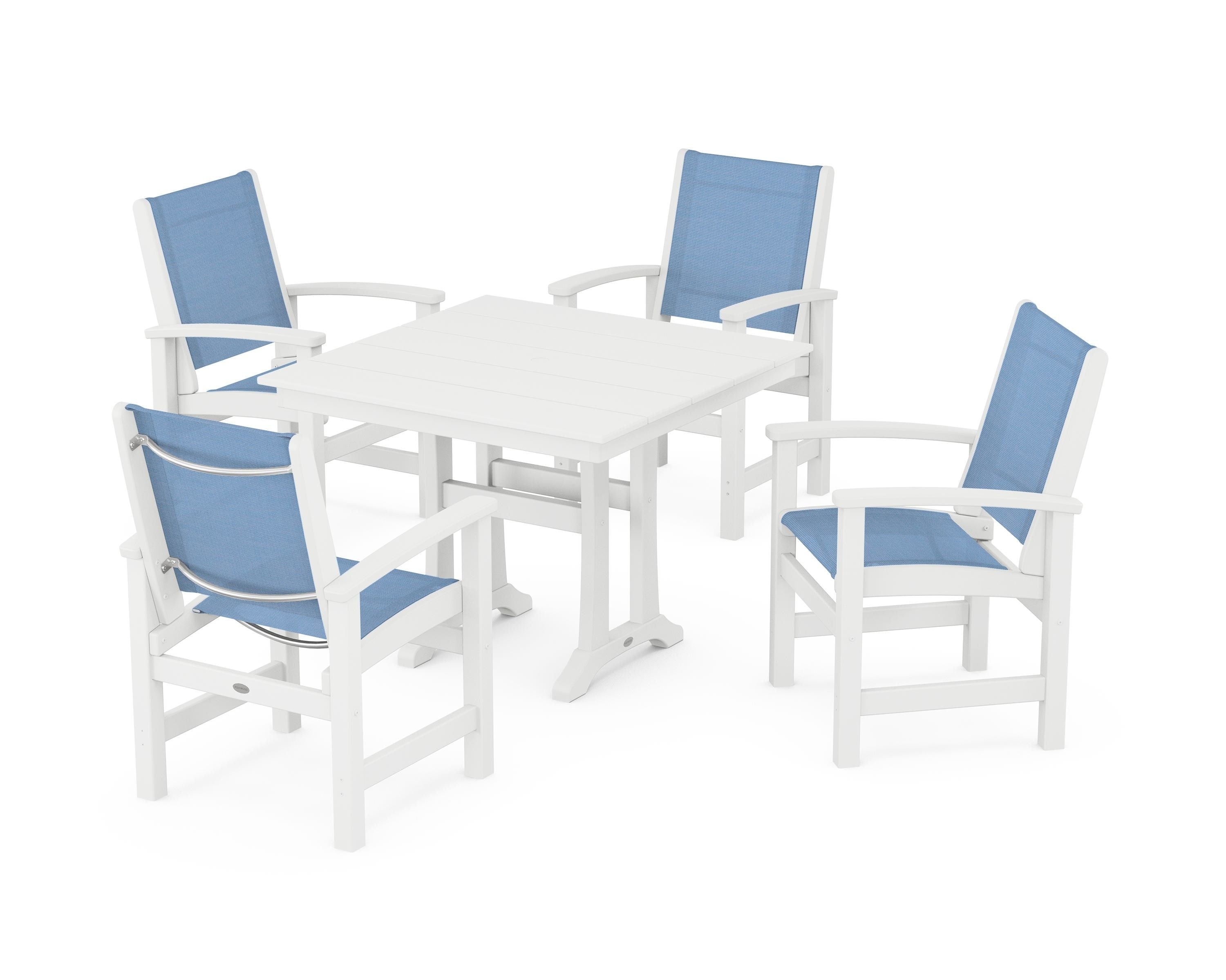POLYWOOD Coastal 5-Piece Farmhouse Dining Set With Trestle Legs in White / Poolside Sling