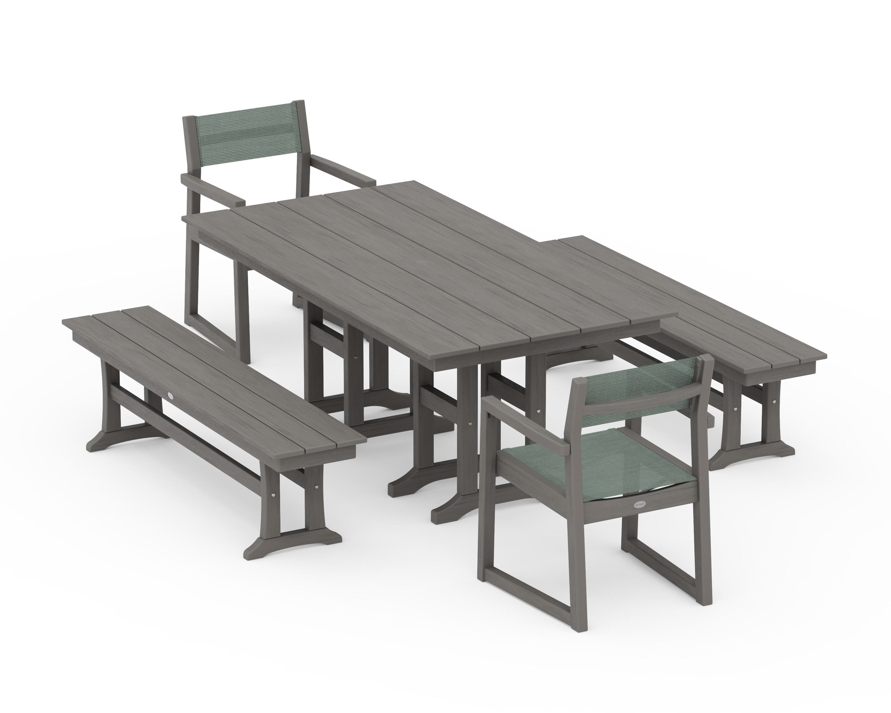 POLYWOOD EDGE Sling Arm Chair 5-Piece Farmhouse Dining Set with Benches in Driftwood / Dupioni Sea Mist Sling