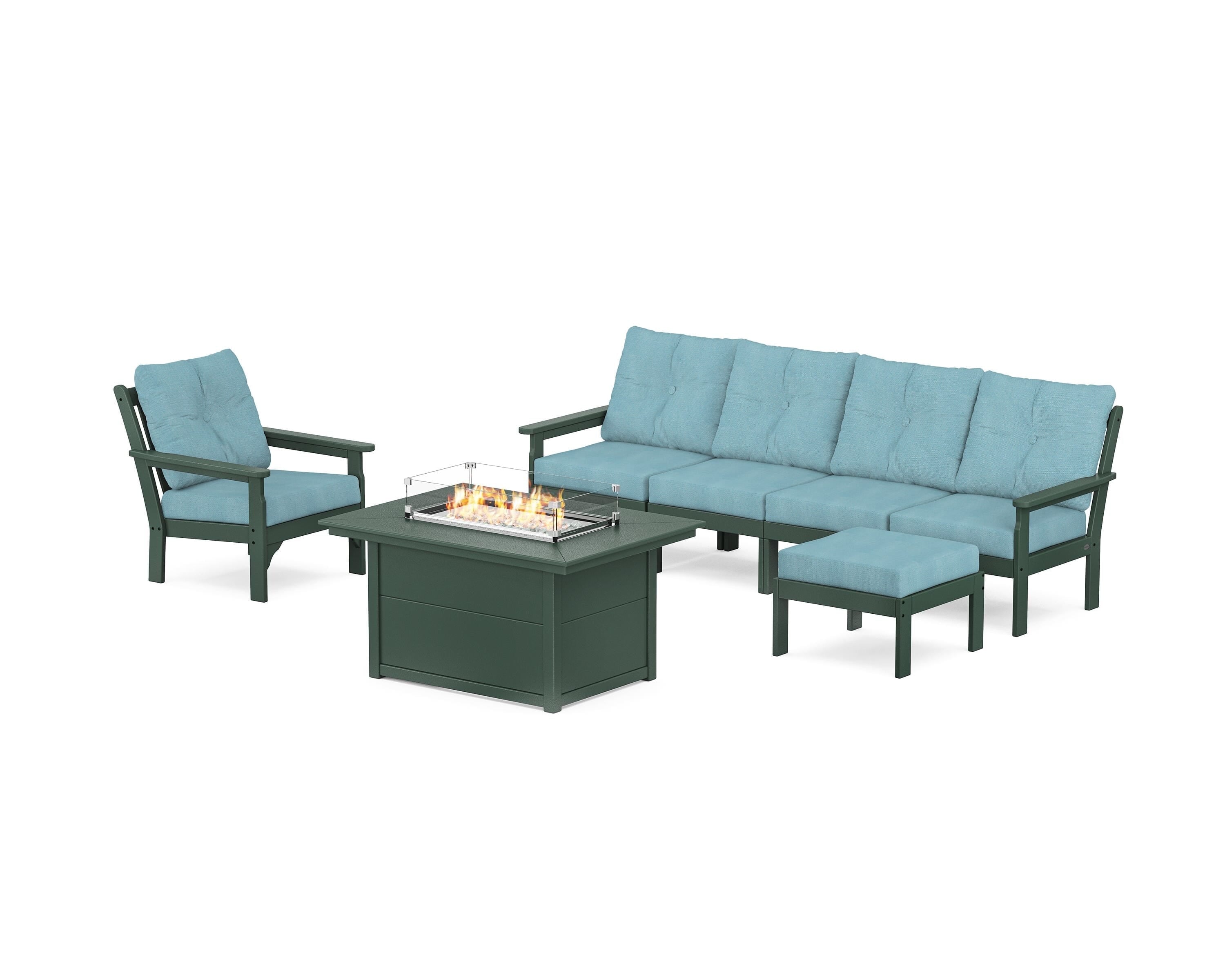 POLYWOOD Vineyard Sectional Lounge and Fire Pit Set in Green / Lattice Sky Blue