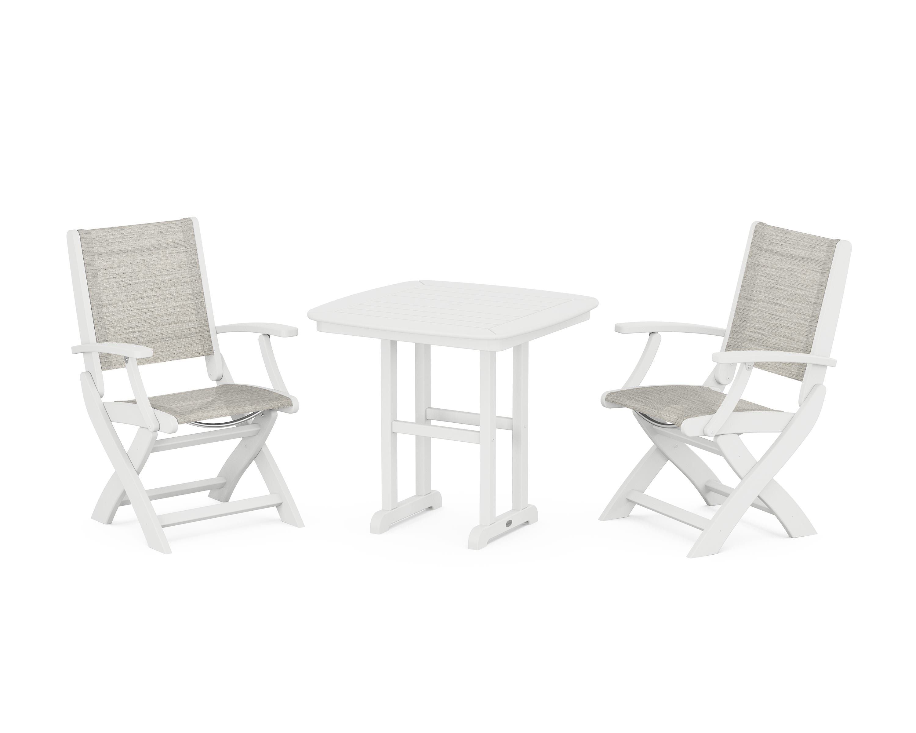 POLYWOOD Coastal Folding Chair 3-Piece Dining Set in White / Birch Sling