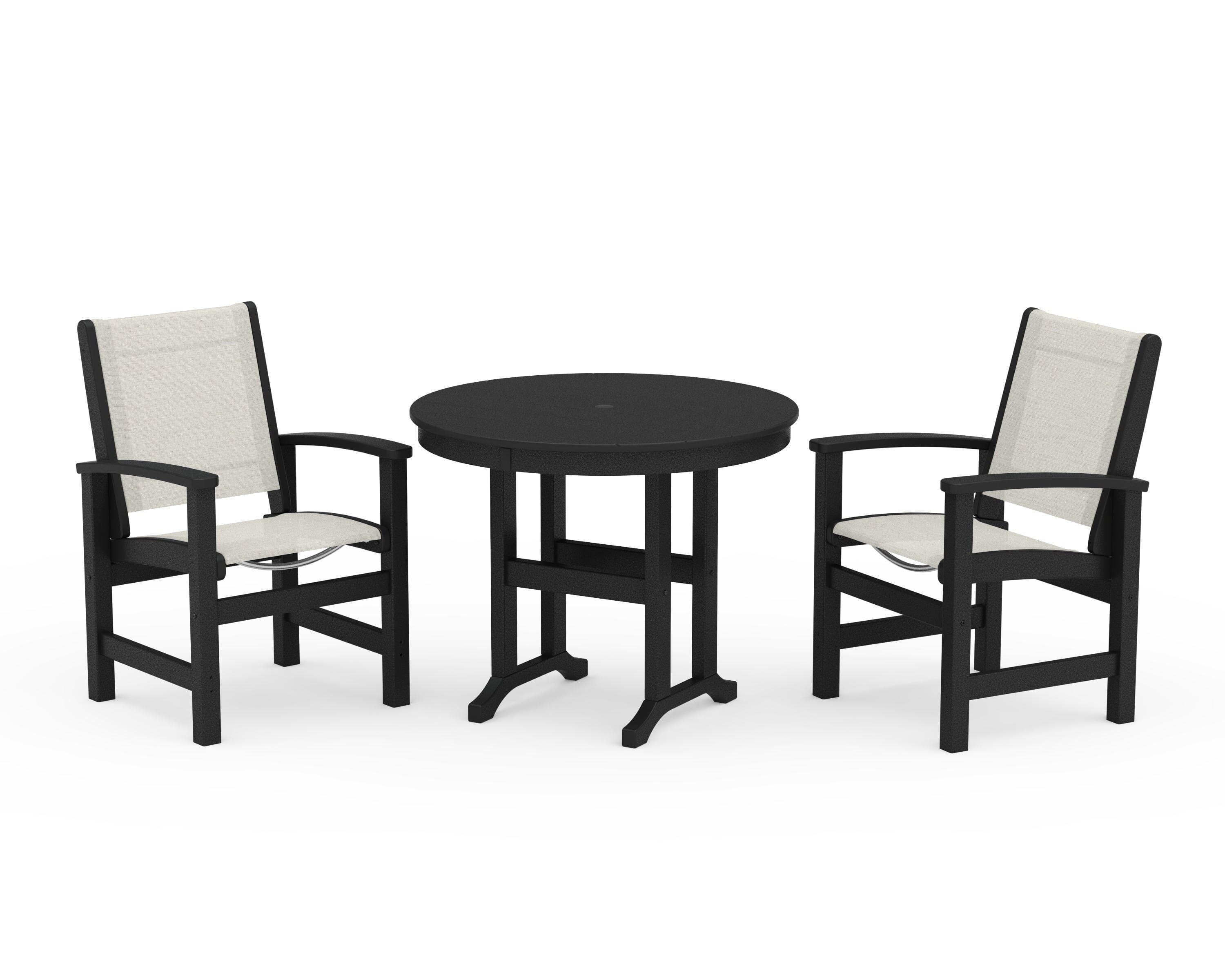 POLYWOOD Coastal 3-Piece Round Dining Set in Black / Parchment Sling