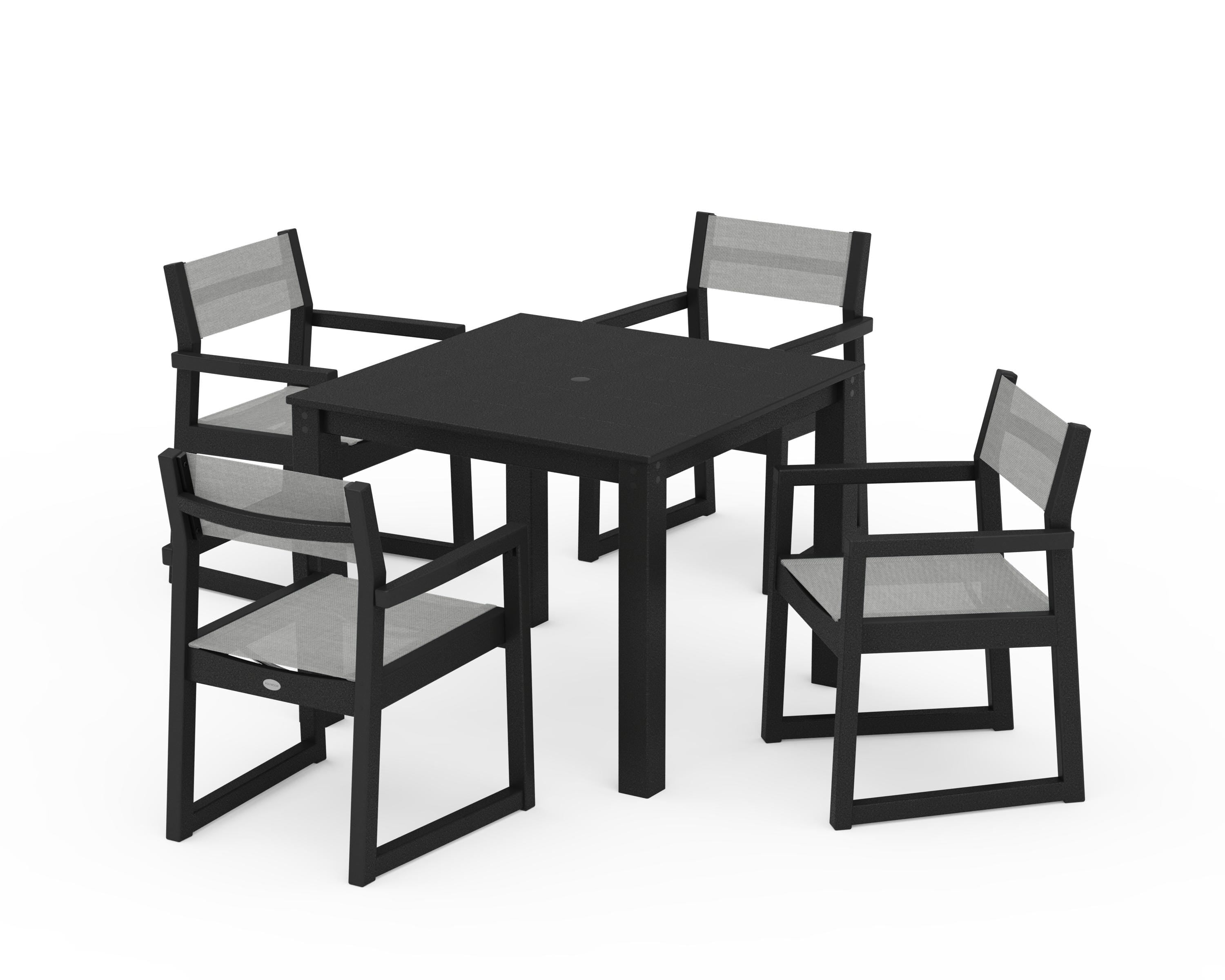 POLYWOOD EDGE Sling Arm Chair 5-Piece Parsons Dining Set in Black / Metallic Sling