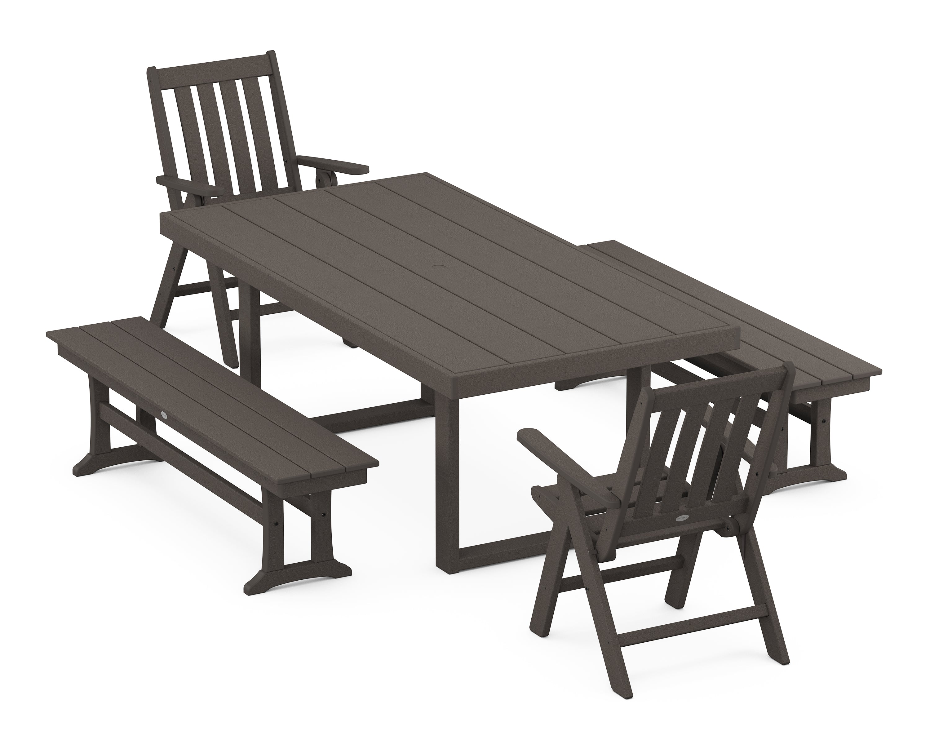 POLYWOOD Vineyard Folding Chair 5-Piece Dining Set with Benches in Vintage Coffee