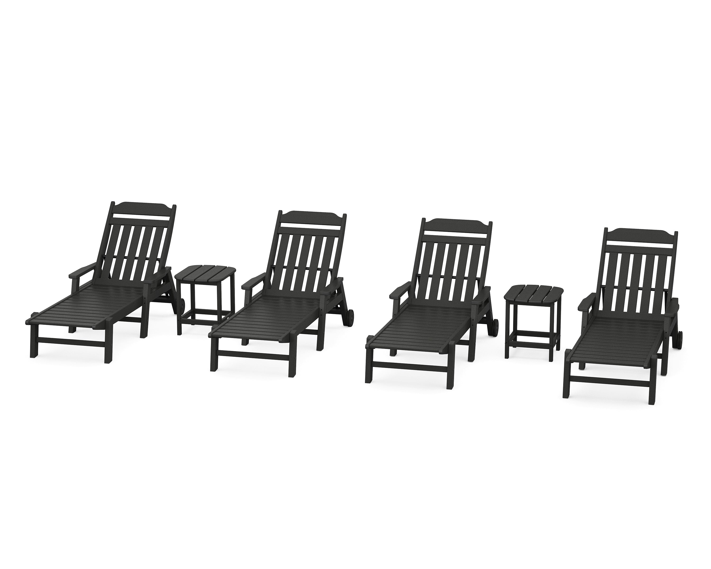 Country Living Cottage 6-Piece Chaise Set with Arms and Wheels in Black