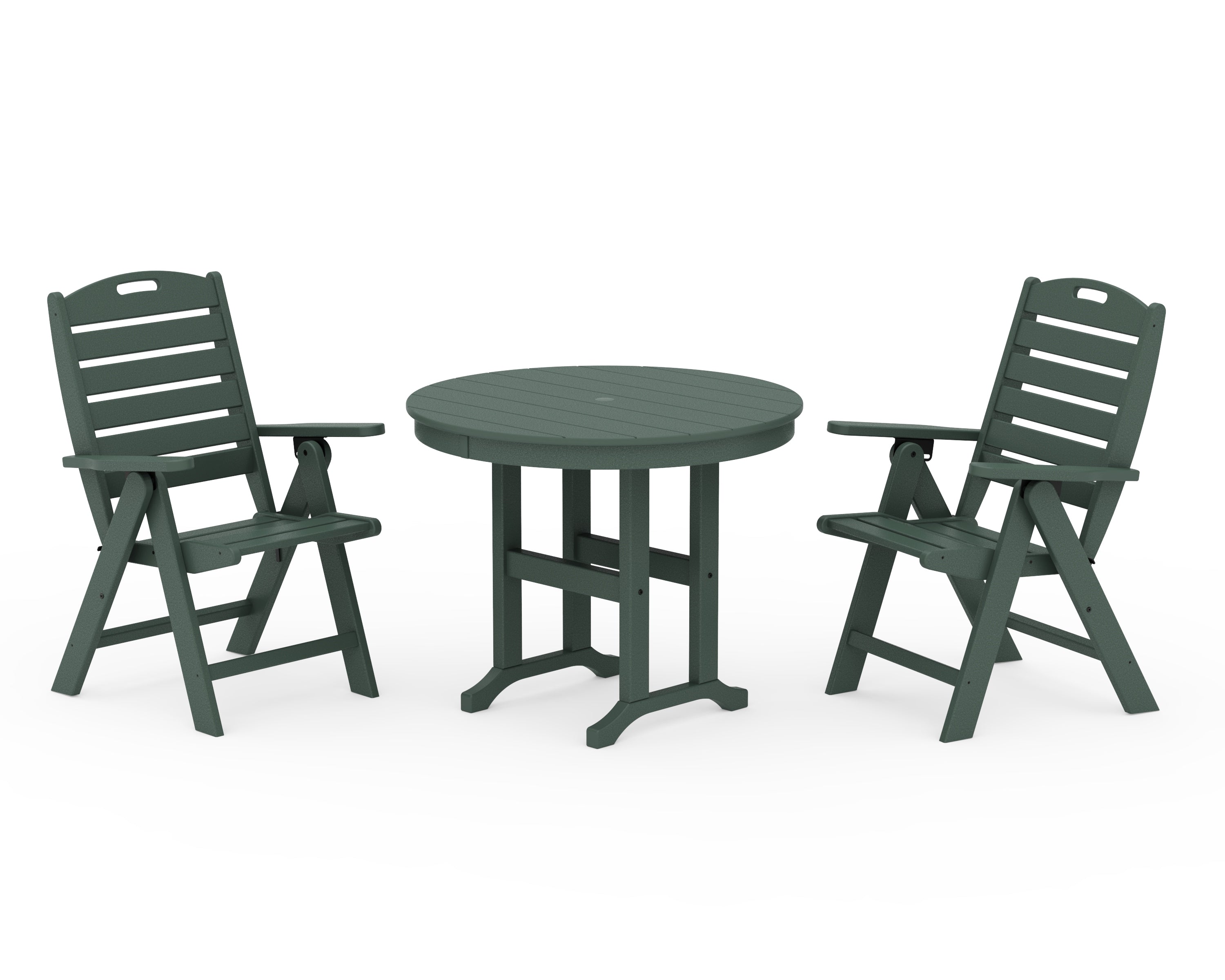 POLYWOOD Nautical Folding Highback Chair 3-Piece Round Dining Set in Green