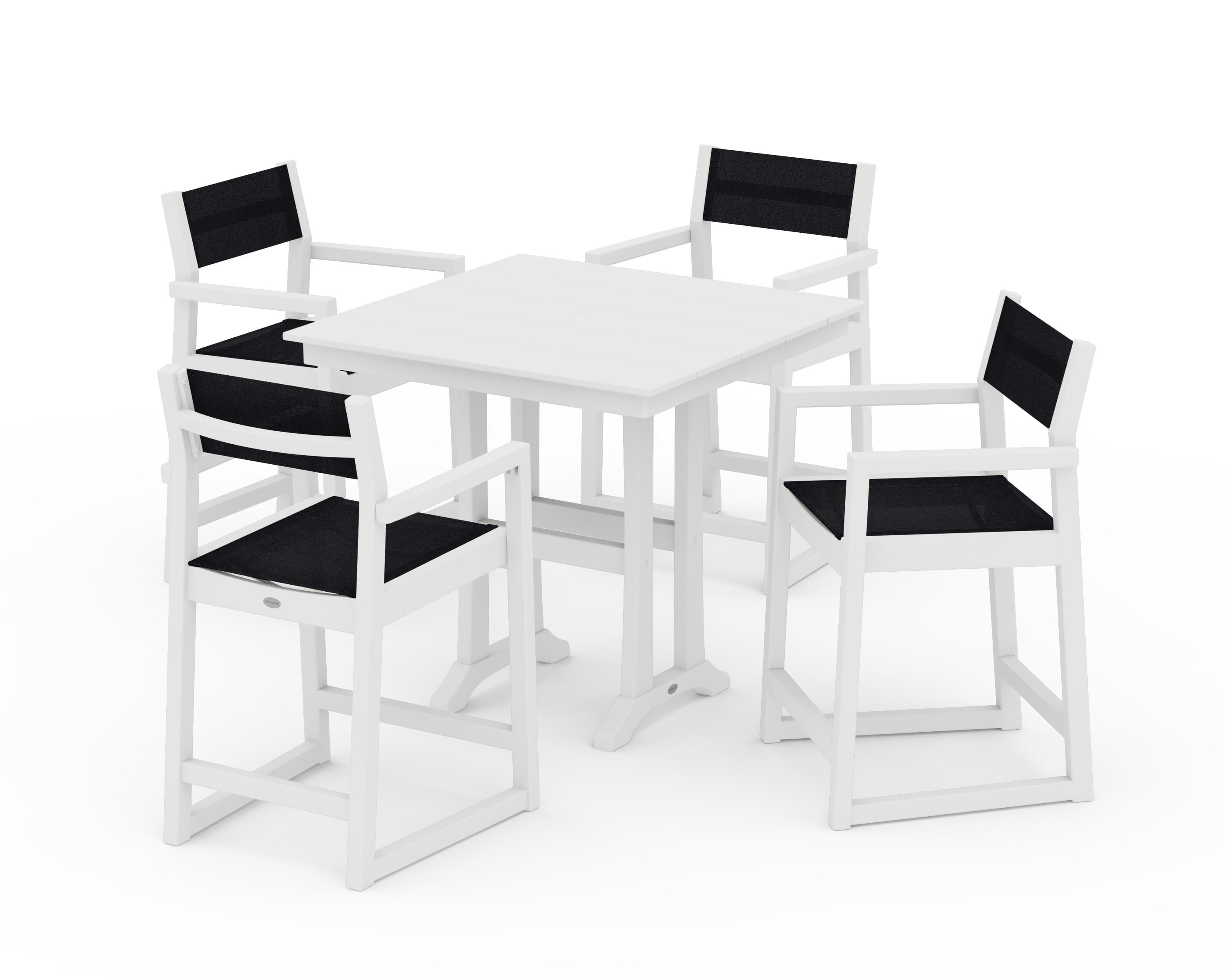 POLYWOOD EDGE Sling Arm Chair 5-Piece Farmhouse Counter Set with Trestle Legs in White / Black Sling