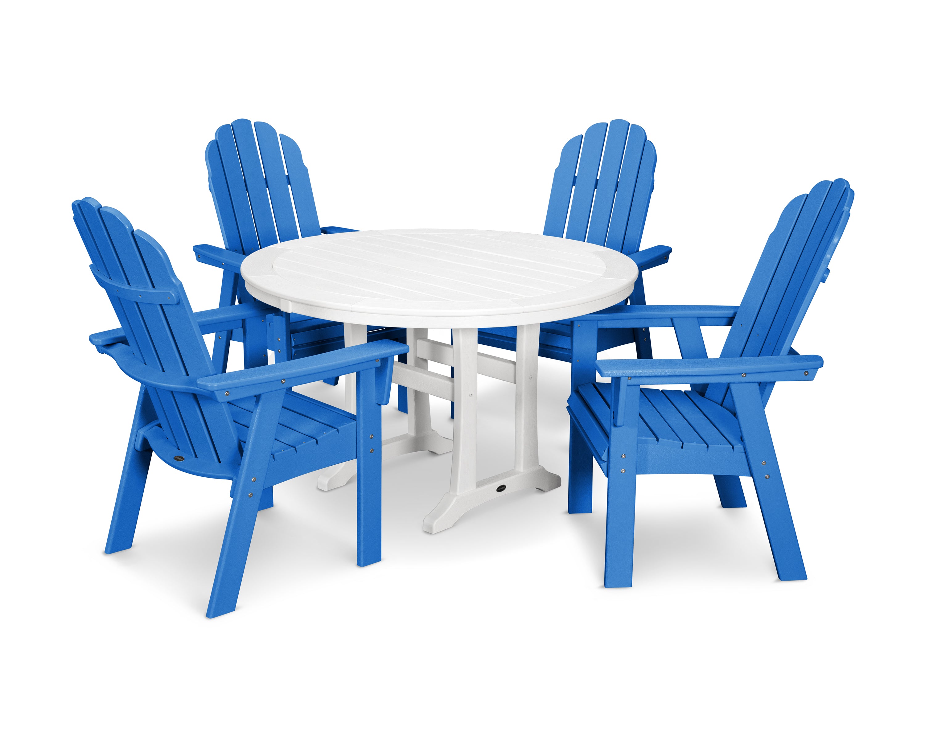 POLYWOOD® Vineyard Curveback Adirondack 5-Piece Nautical Trestle Dining Set in Pacific Blue / White